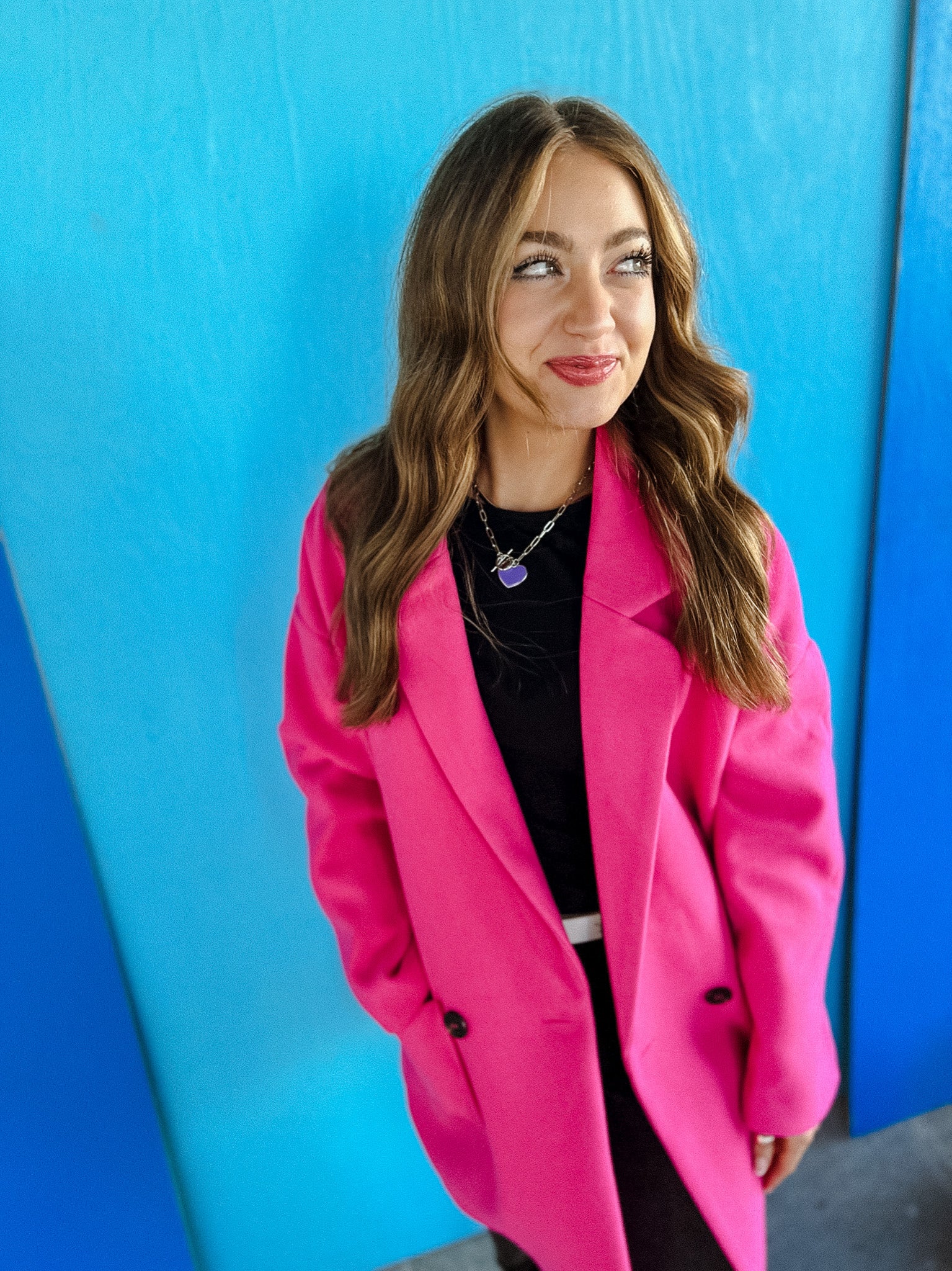 Chic On The Go Double Button Coat - Hot Pink