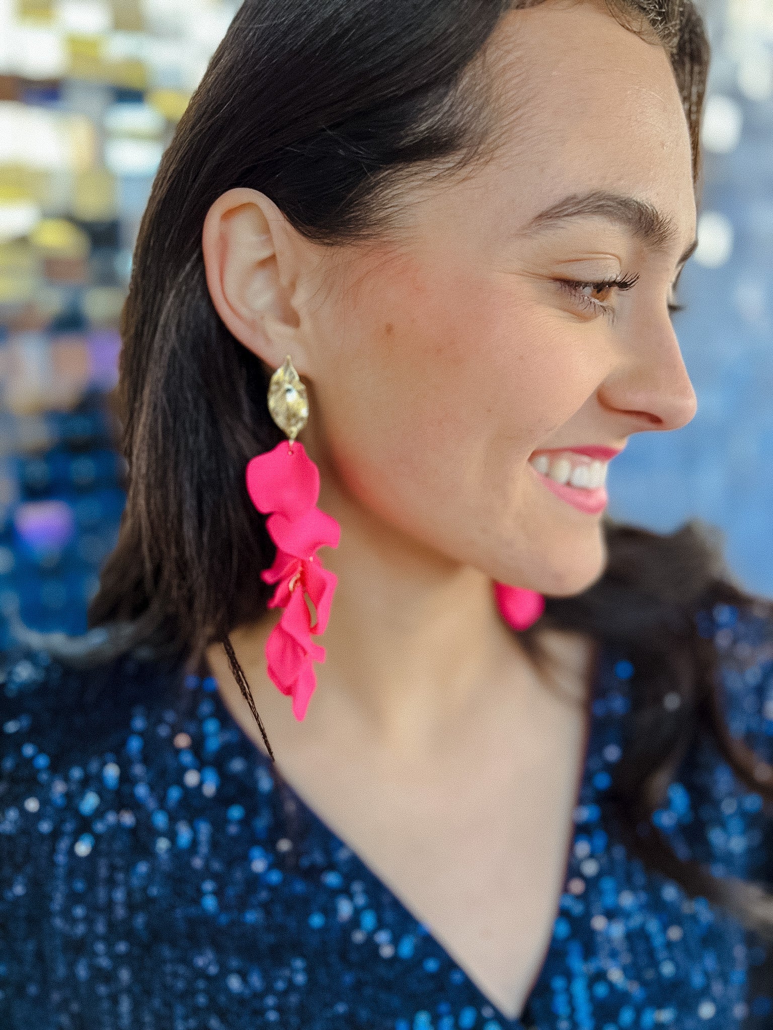 [Treasure Jewels] Petal On Dangle Earrings - Hot Pink