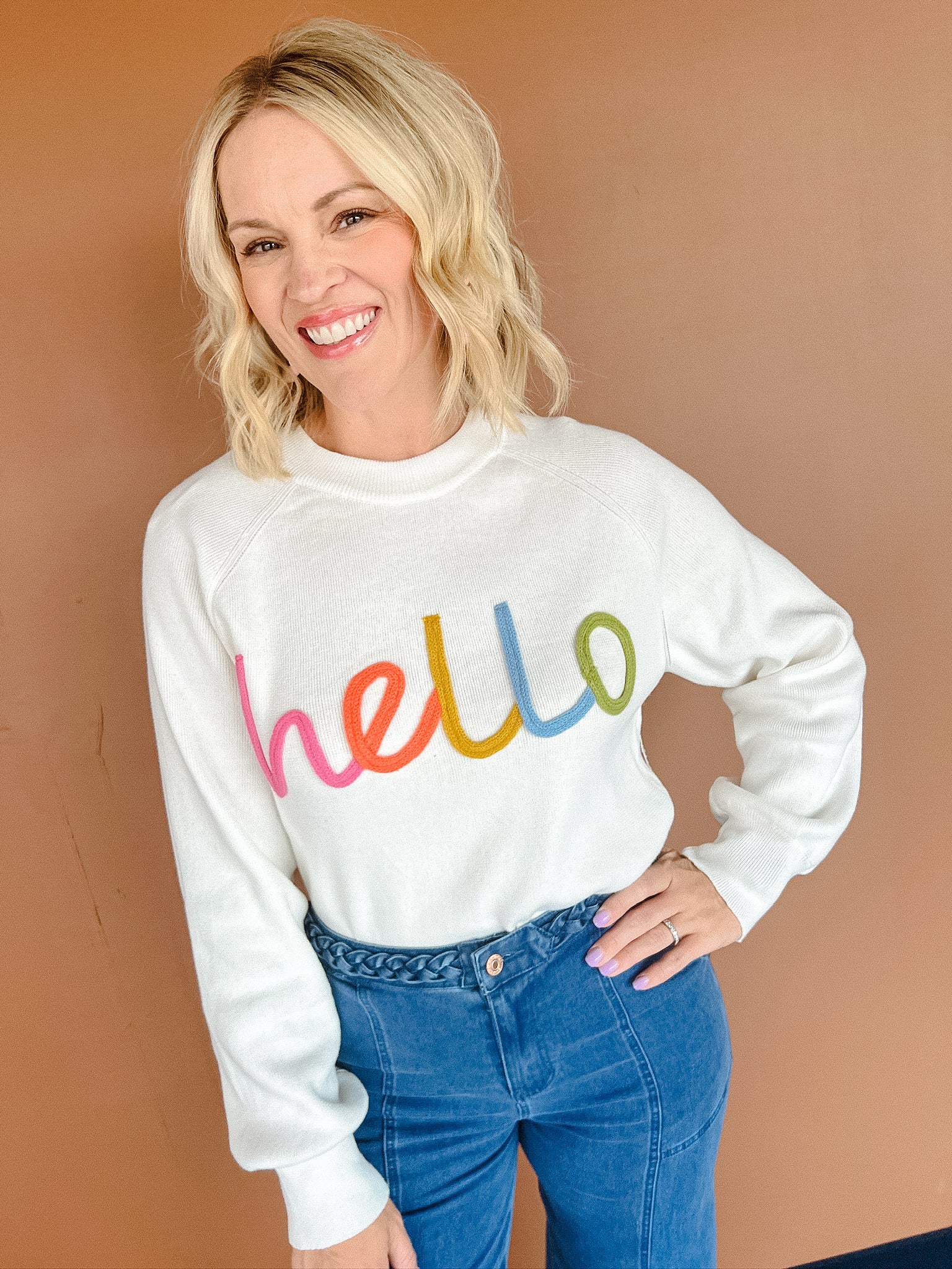 Say Hello sweater - Cream + Shocking Pink + Orange + Sky Blue + Moss