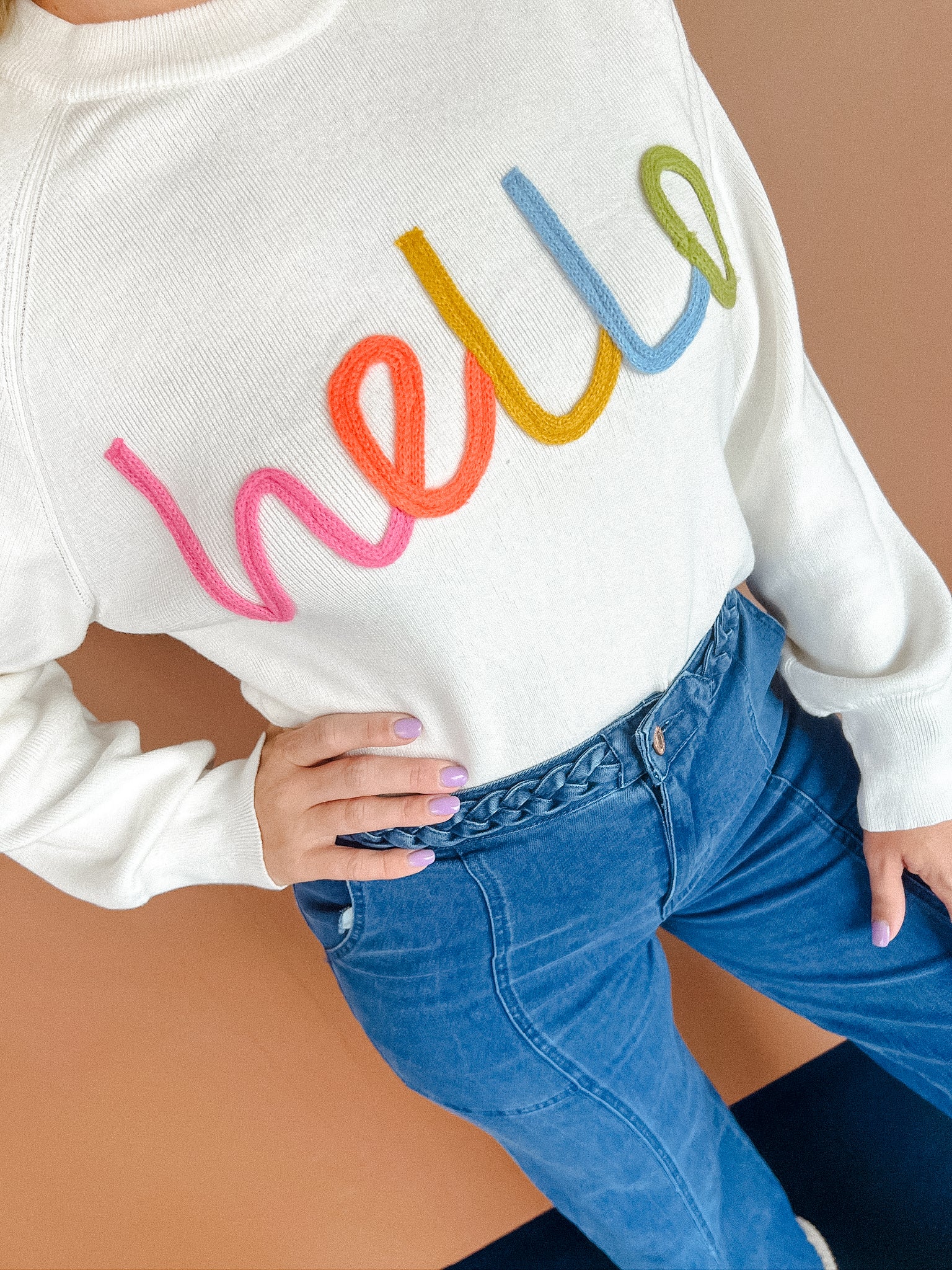 Say Hello sweater - Cream + Shocking Pink + Orange + Sky Blue + Moss