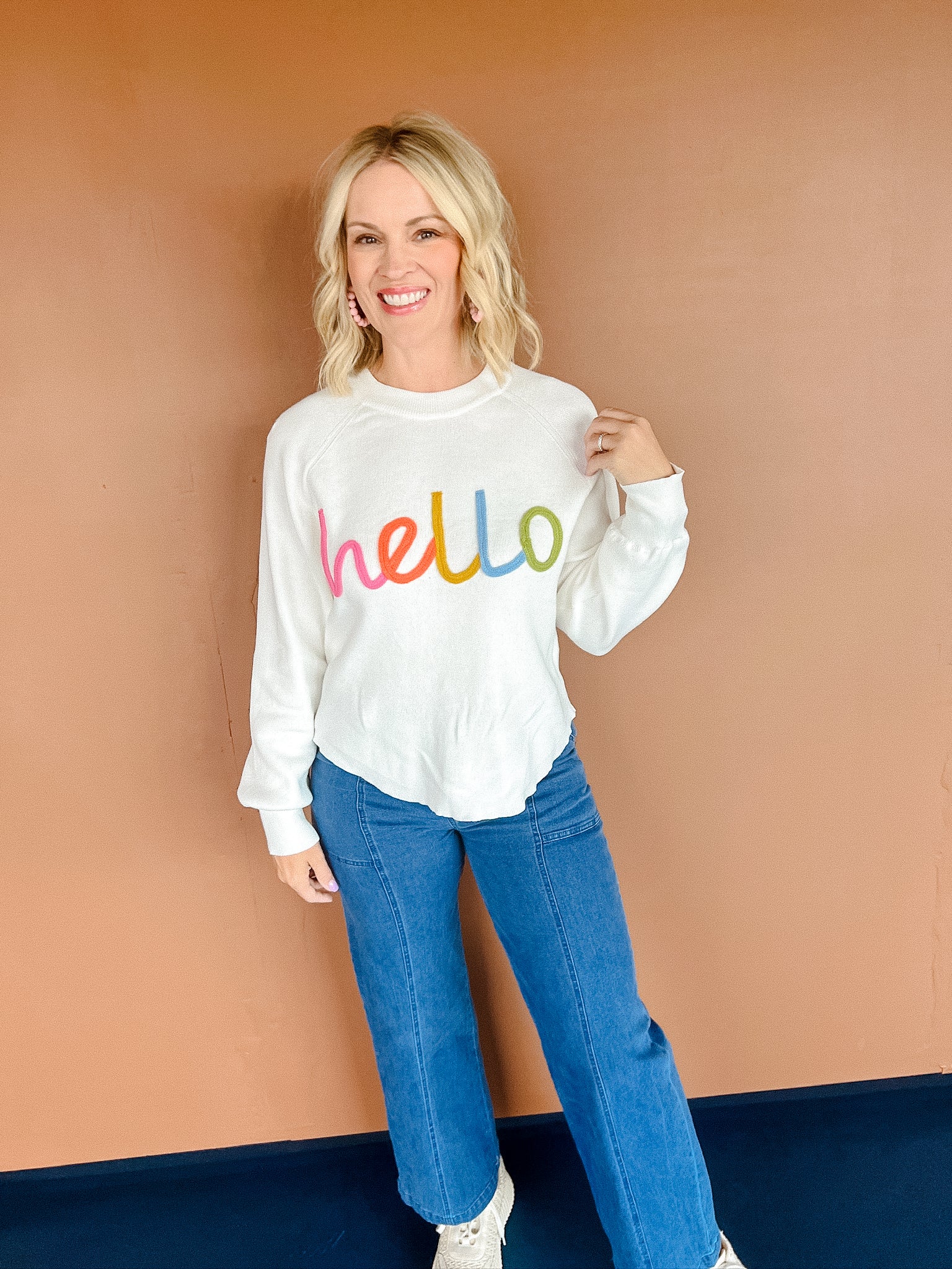 Say Hello sweater - Cream + Shocking Pink + Orange + Sky Blue + Moss