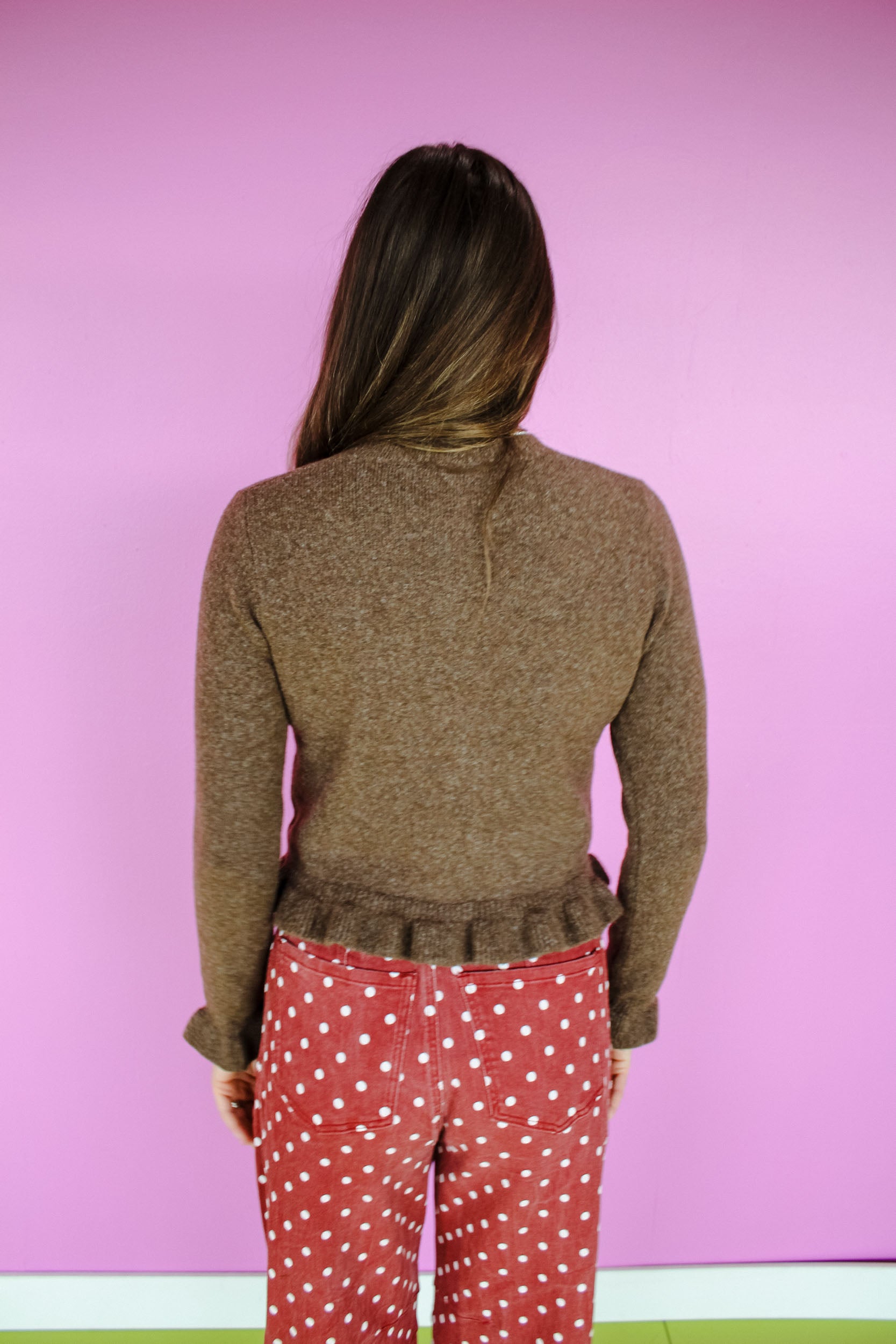 Josie Ruffle Hem Cardigan - Coffee/Rose Brown