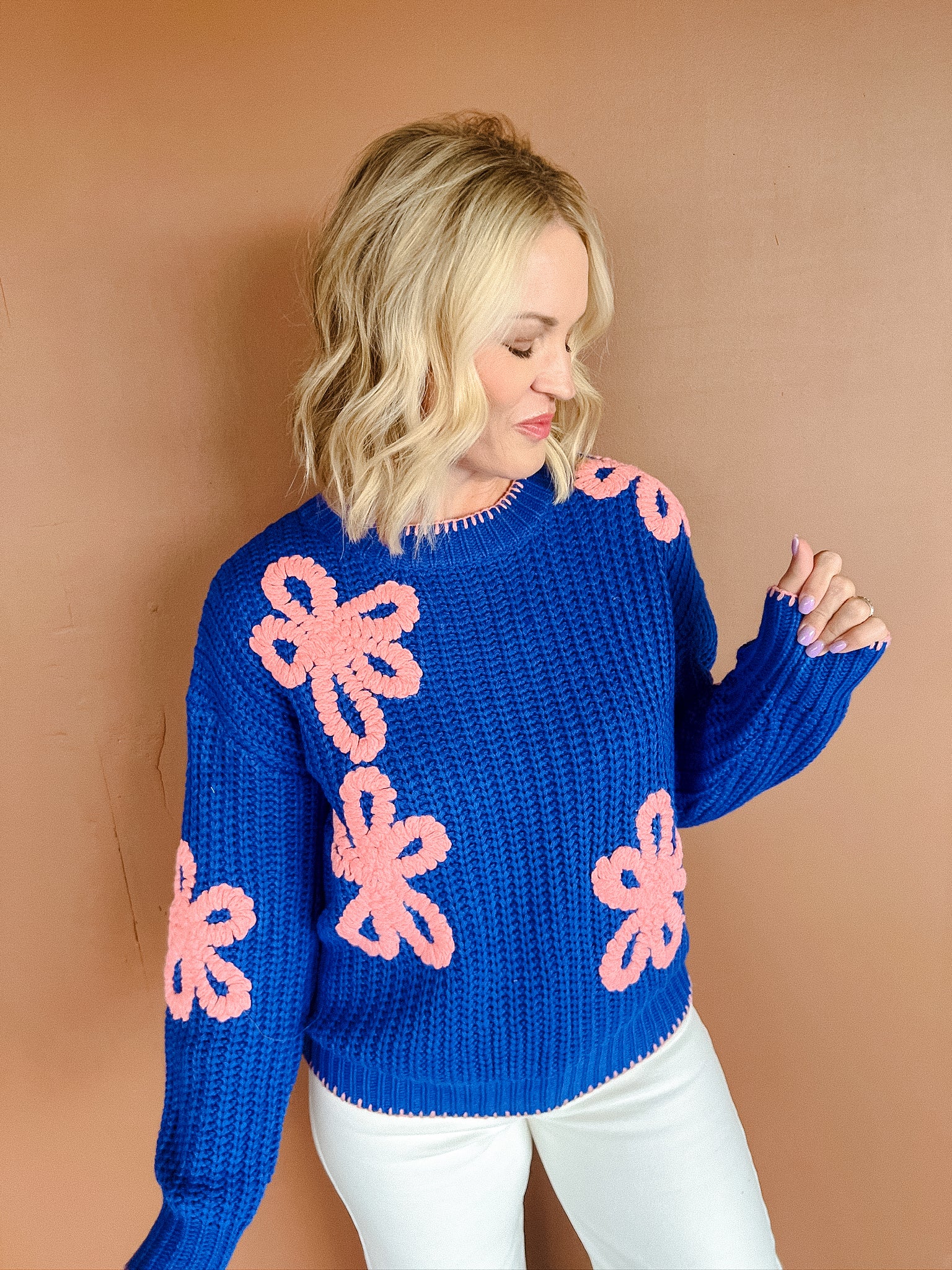 Ariel Floral Sweater - Bright Navy + Geranium Pink