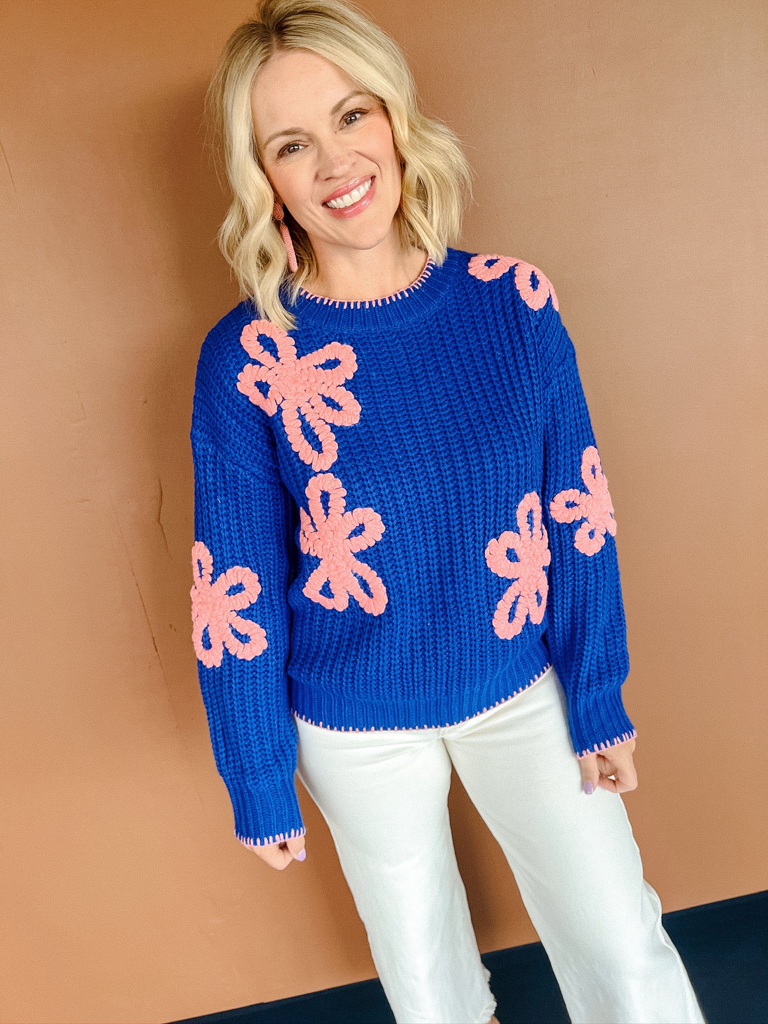 Ariel Floral Sweater - Bright Navy + Geranium Pink