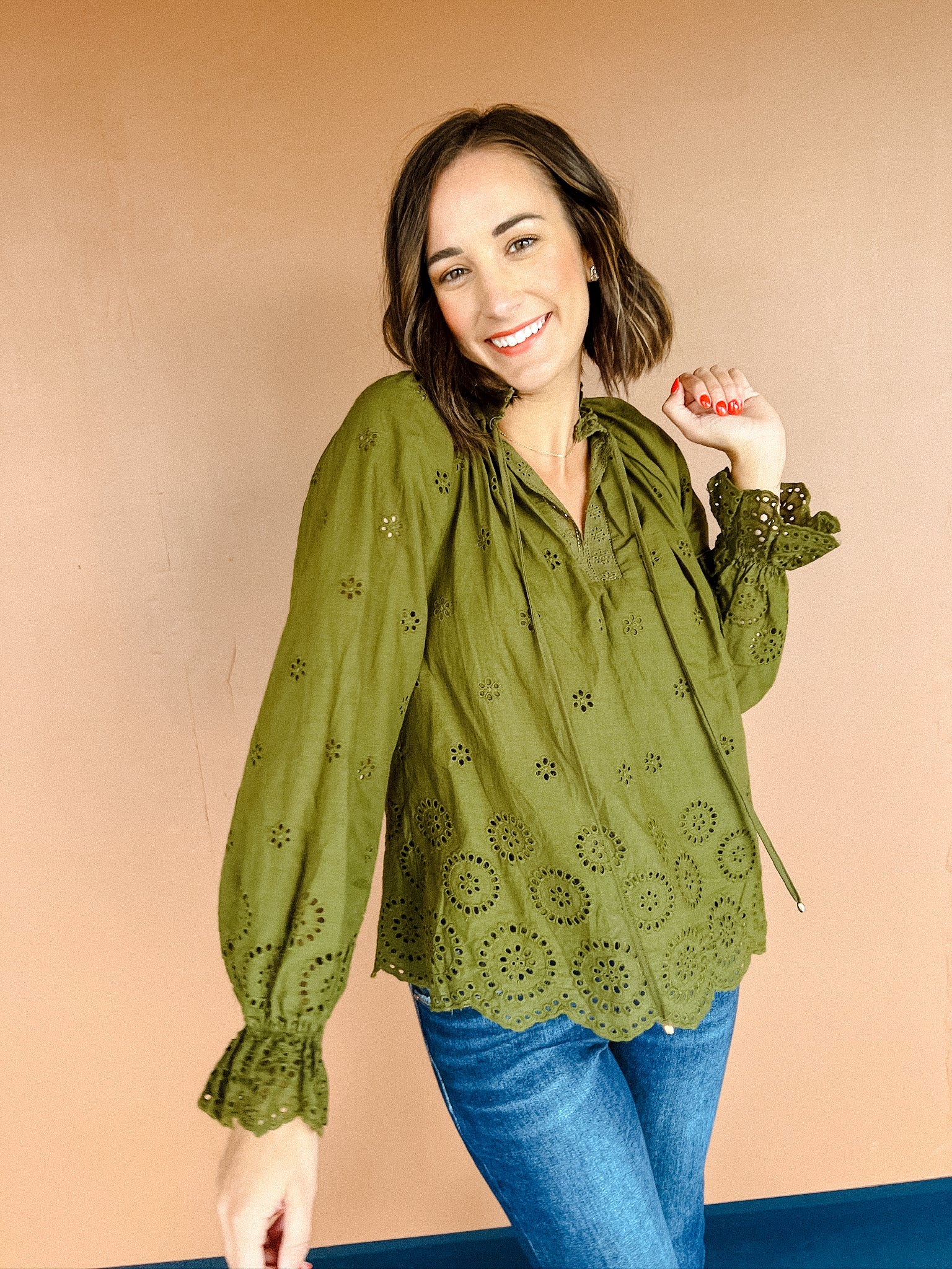 Tulia Eyelet Blouse - Moss