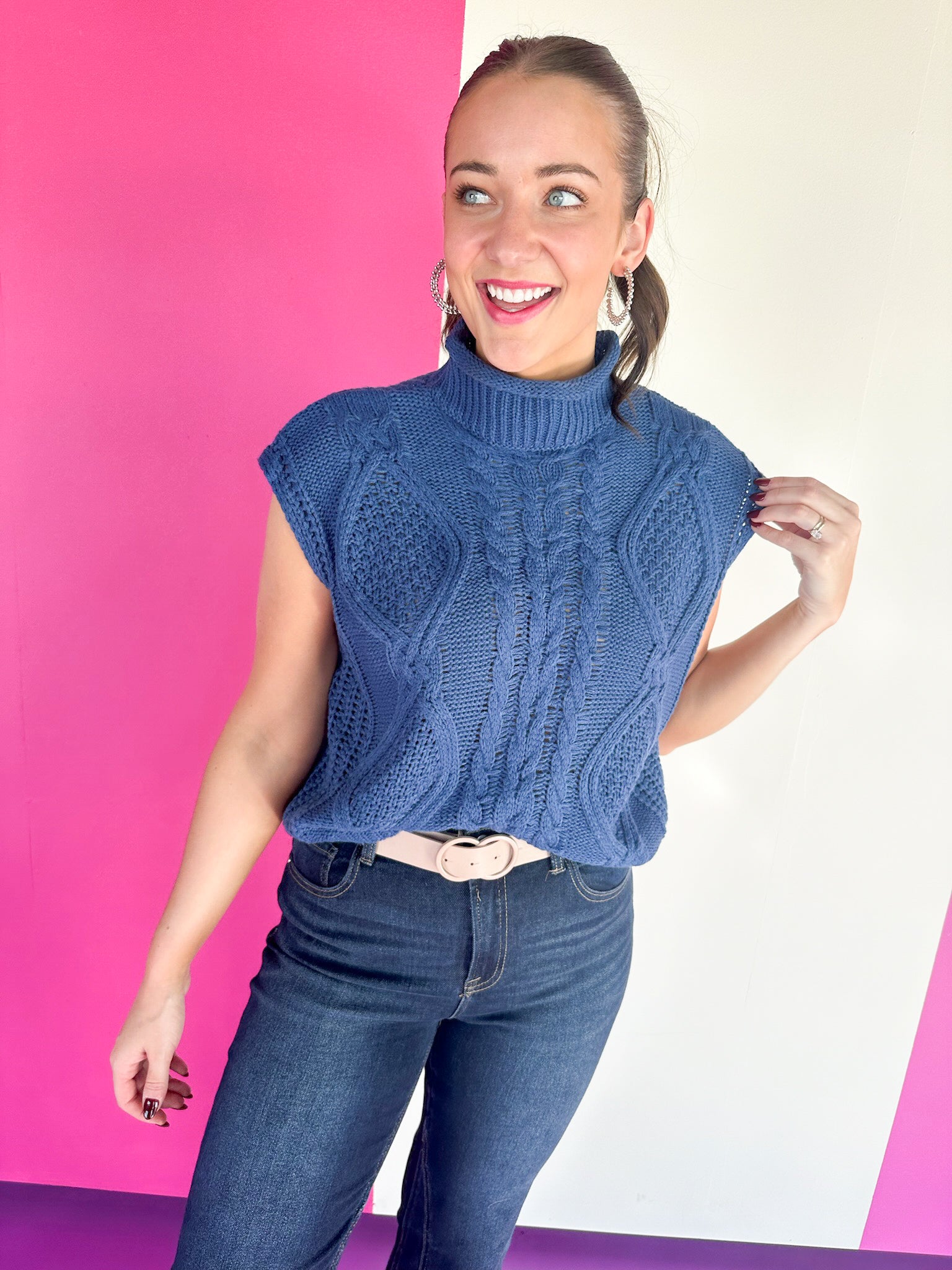 Ryland Mock Neck Sweater Top - Air Force Blue