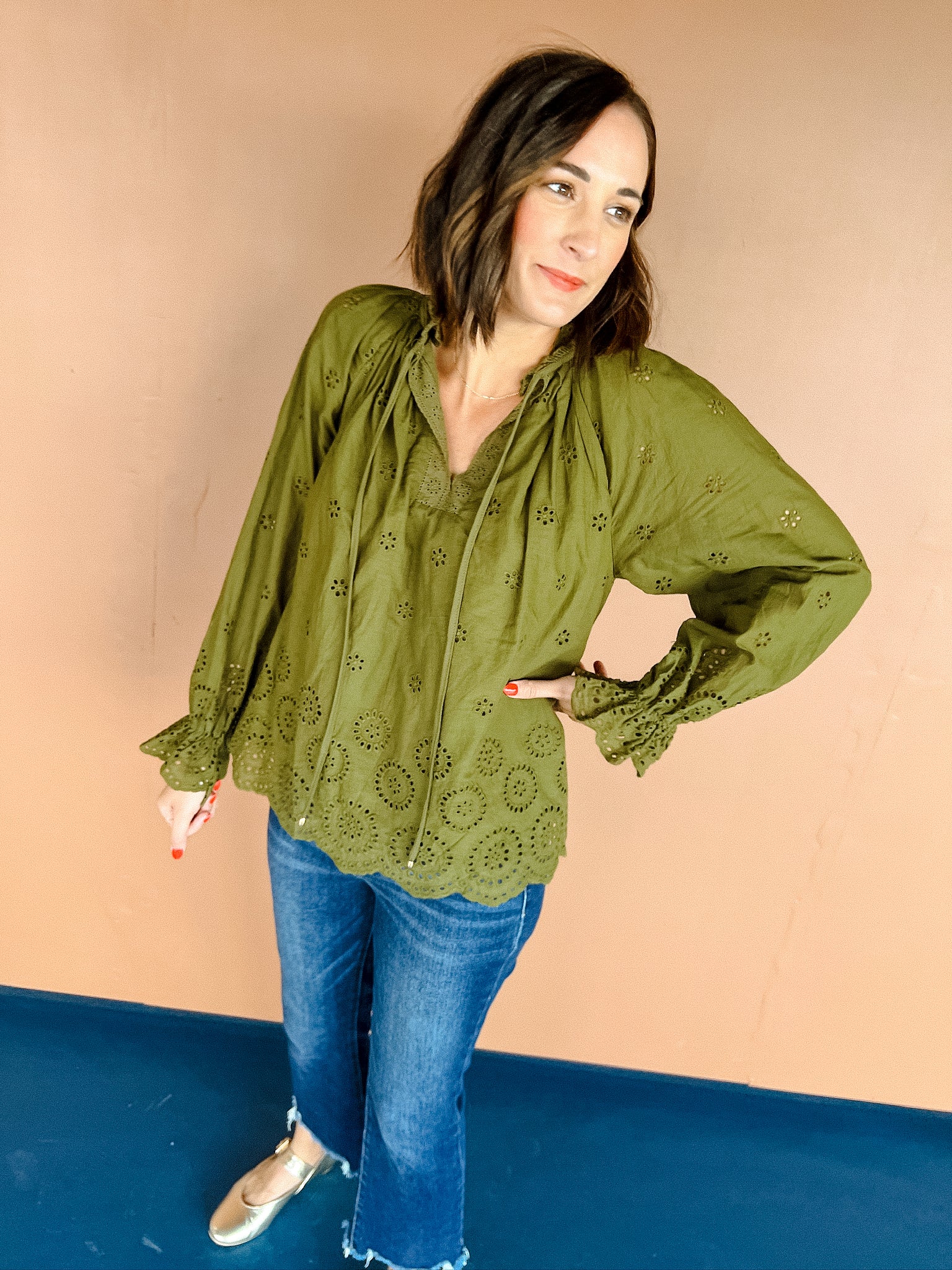 Tulia Eyelet Blouse - Moss