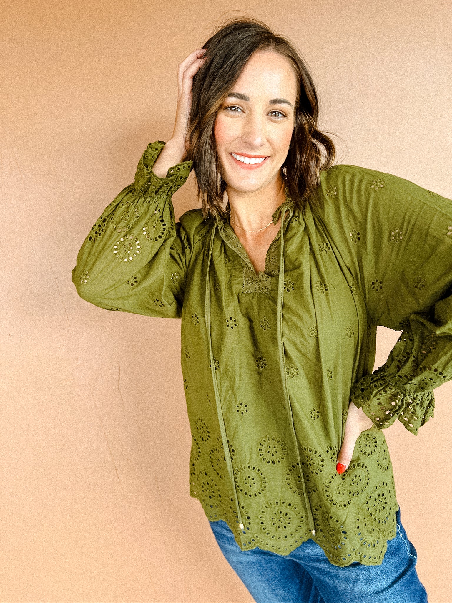 Tulia Eyelet Blouse - Moss