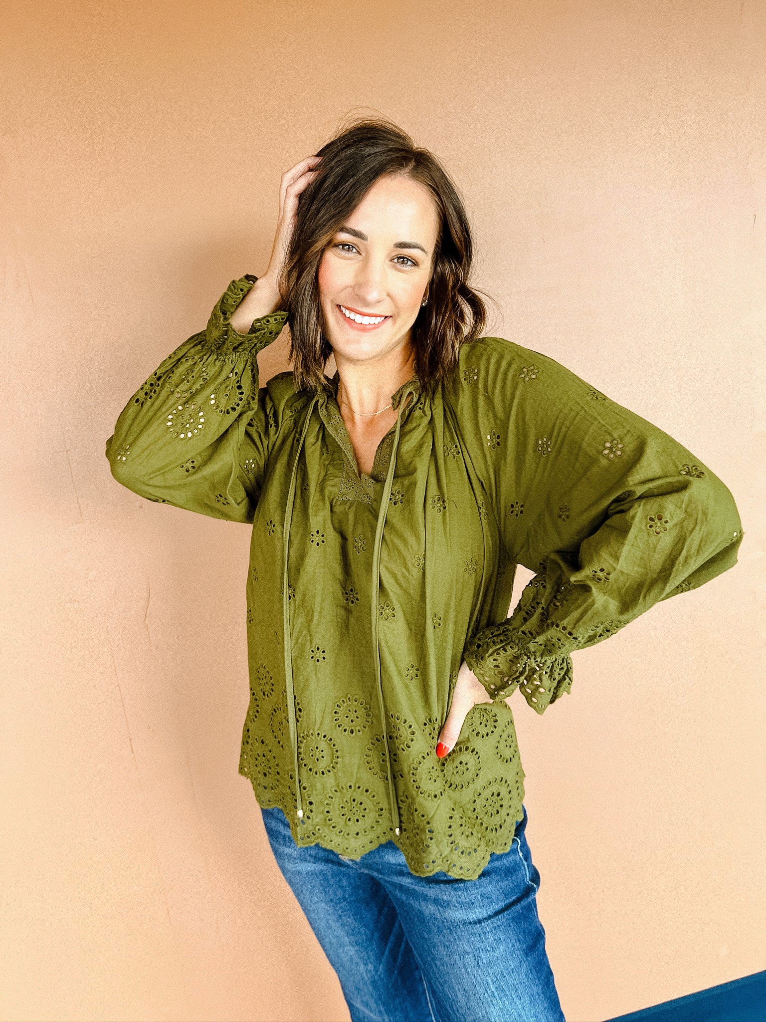 Tulia Eyelet Blouse - Moss