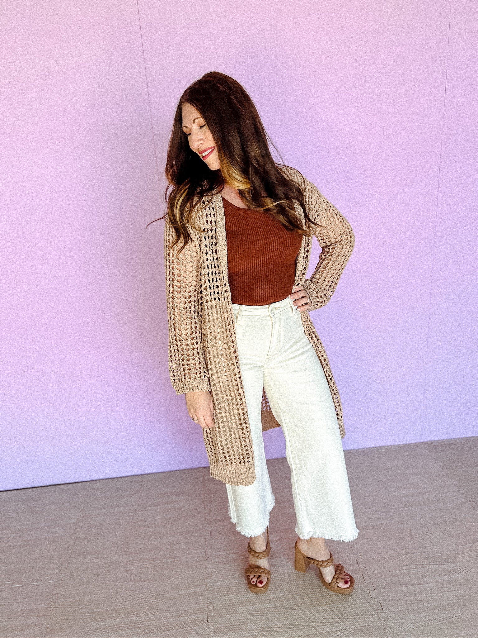 Allie Open Knit Long Cardigan - Taupe