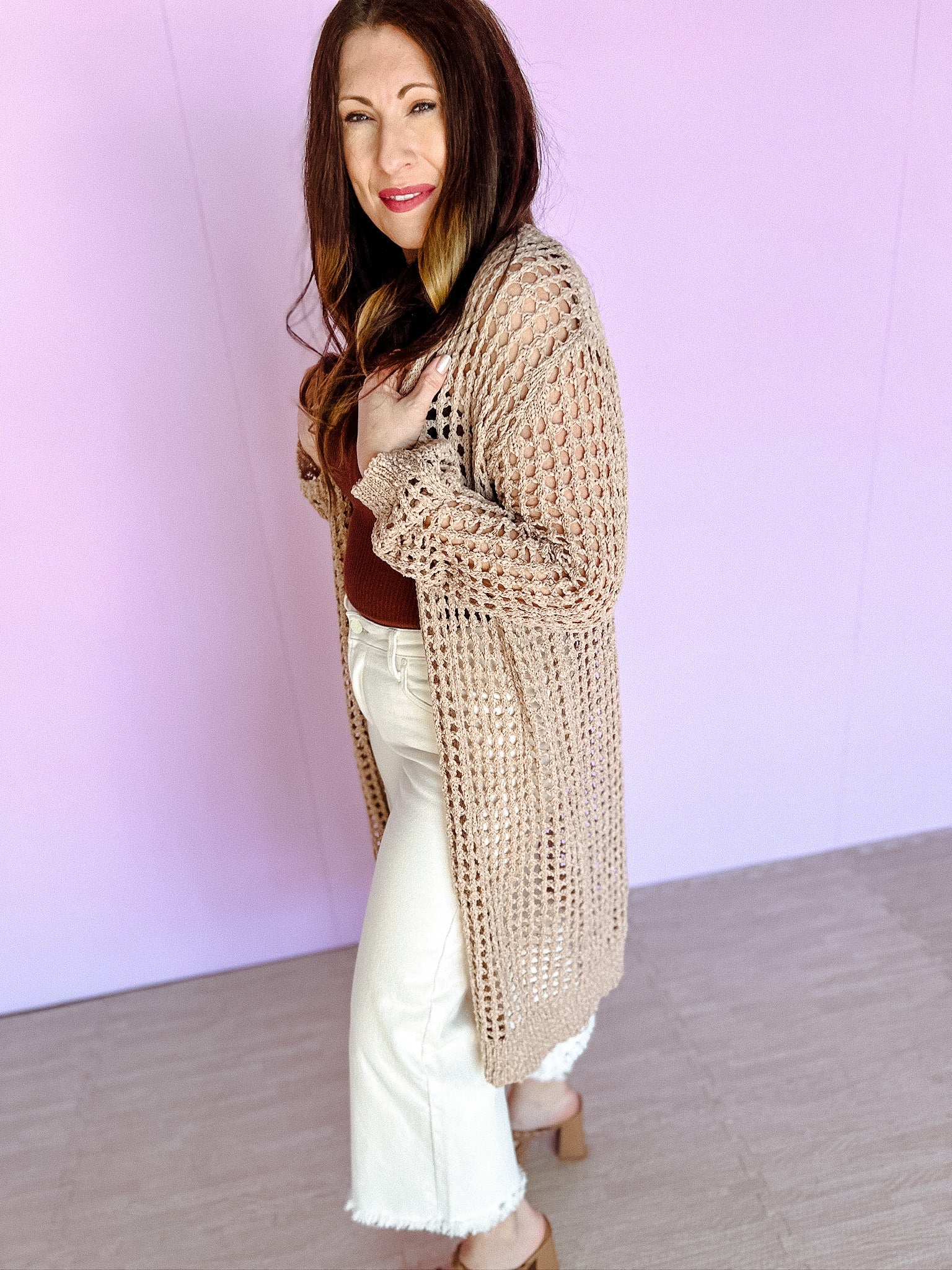 Allie Open Knit Long Cardigan - Taupe