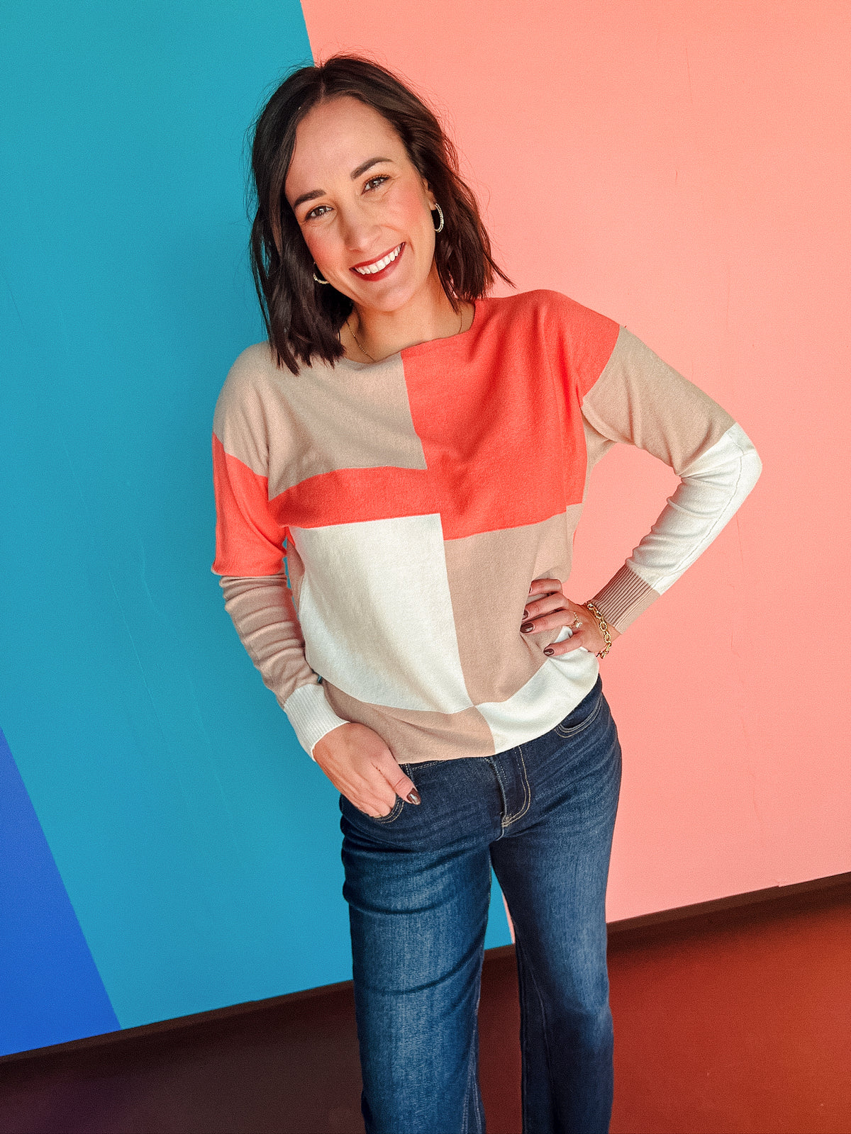 Francesca Color Block Sweater Coral + Beige + Cream — MyEllement Boutique