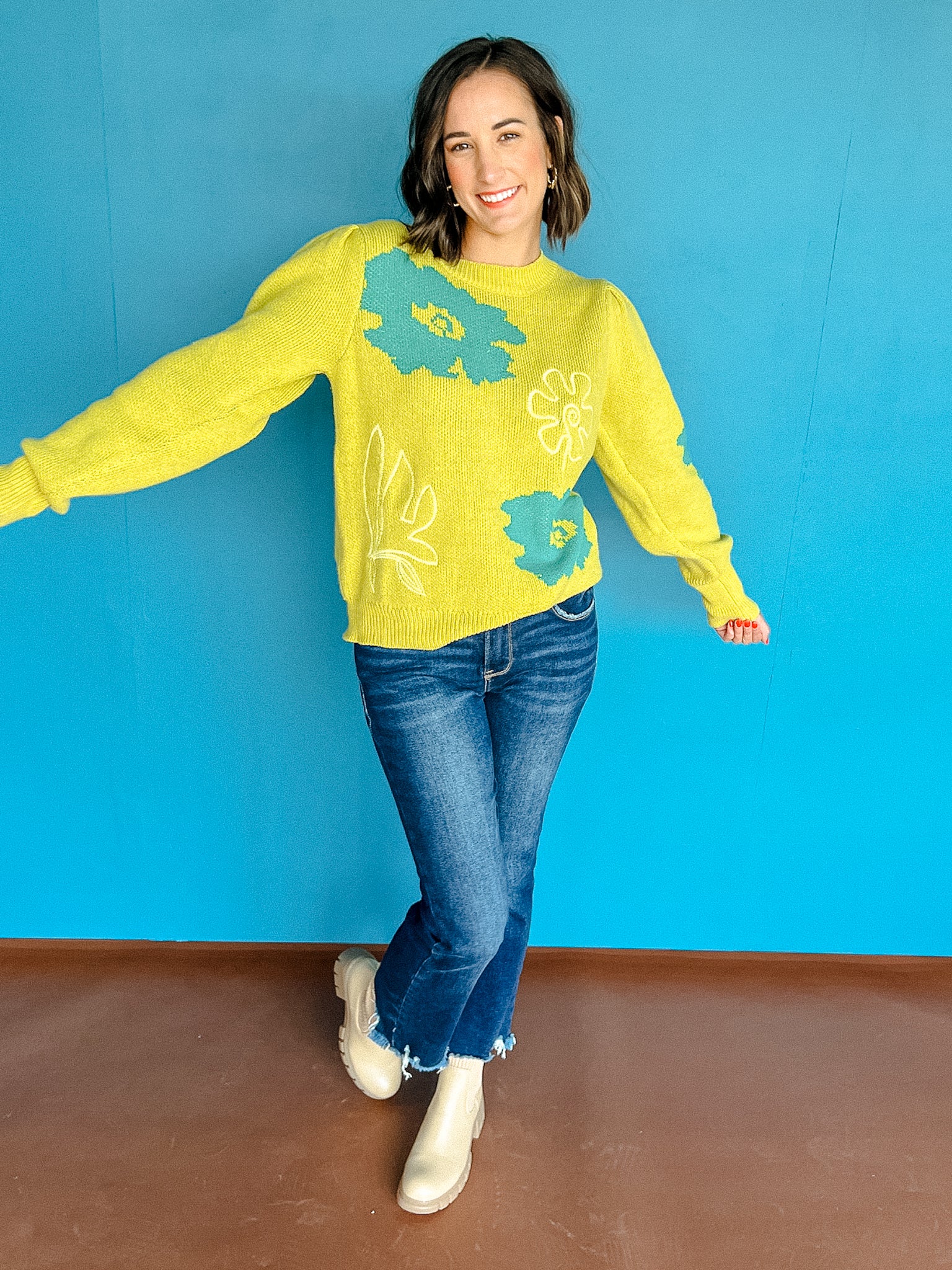 Kerri Floral Sweater - Lime + Peacock