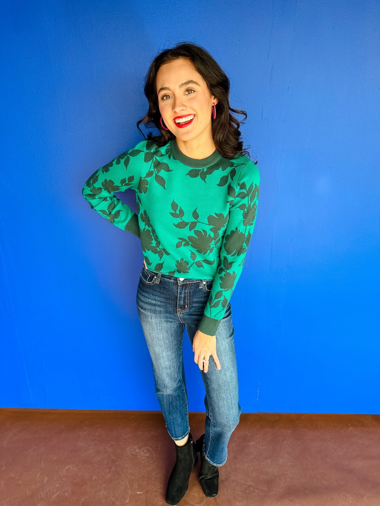 Cleo Floral Sweater - Emerald + Dark Pine