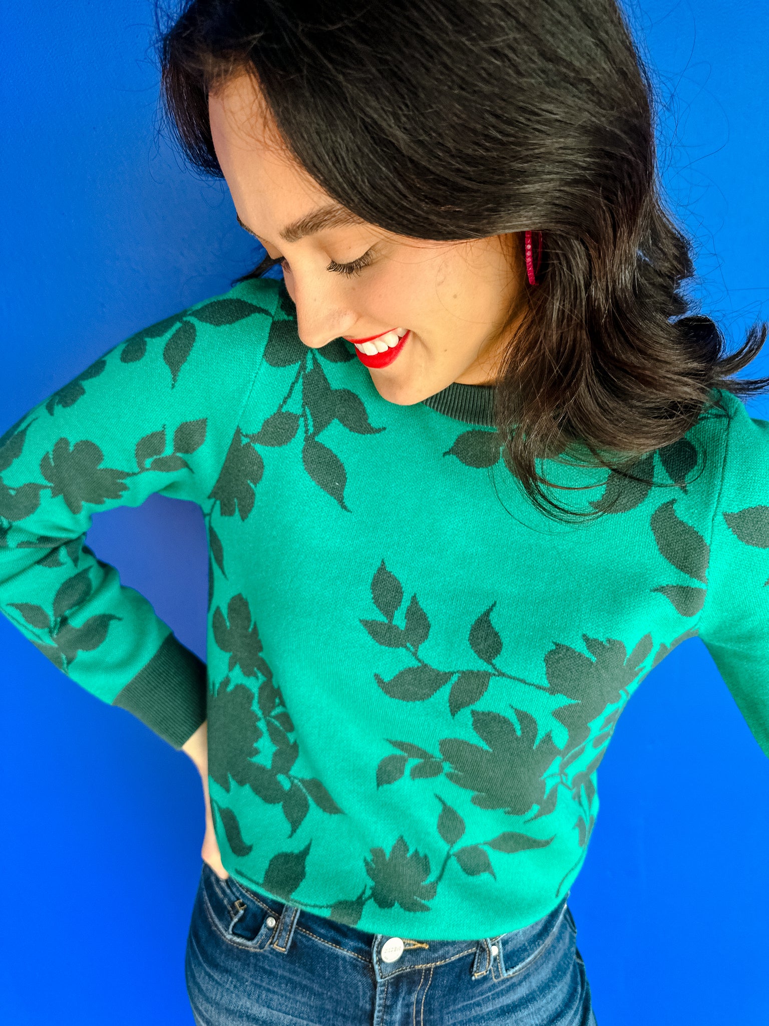 Cleo Floral Sweater - Emerald + Dark Pine