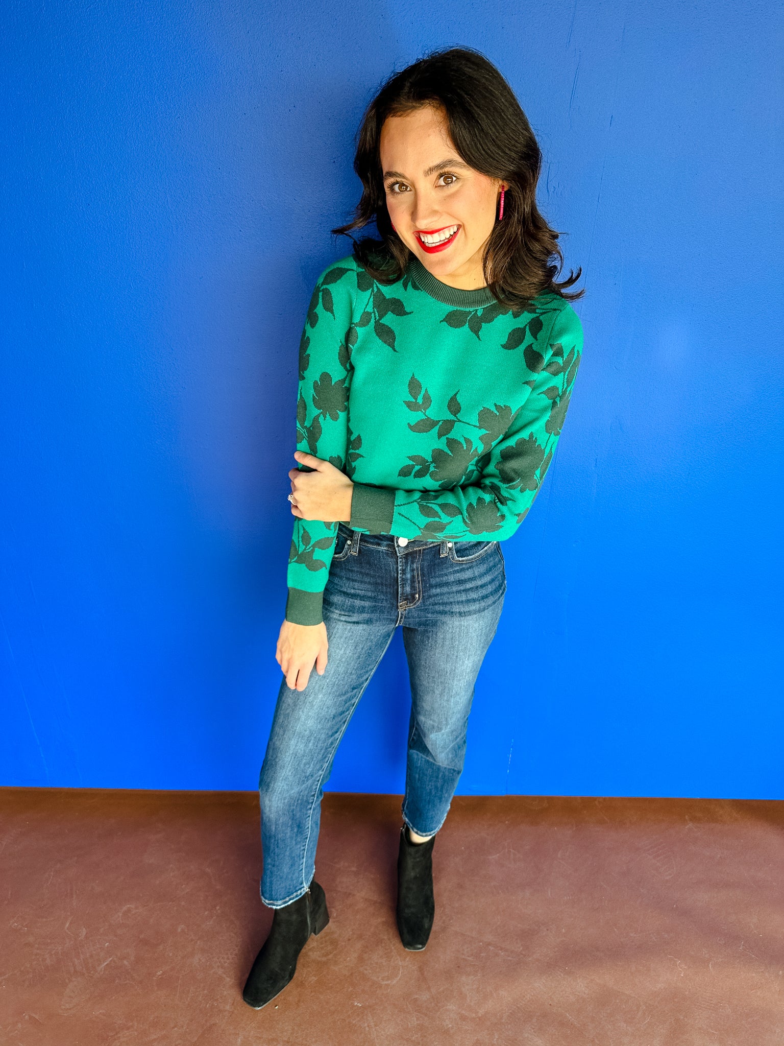 Cleo Floral Sweater - Emerald + Dark Pine