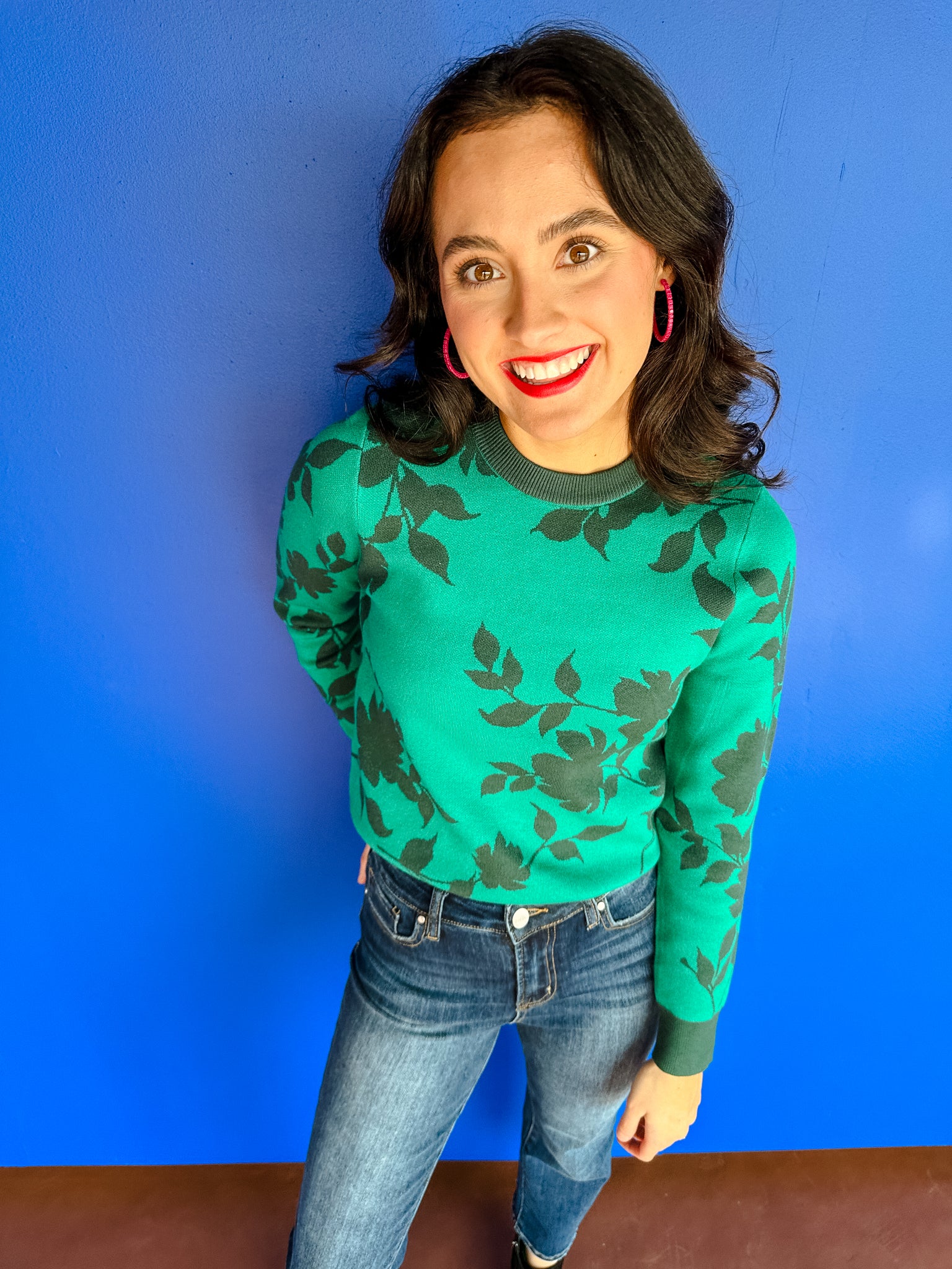 Cleo Floral Sweater - Emerald + Dark Pine