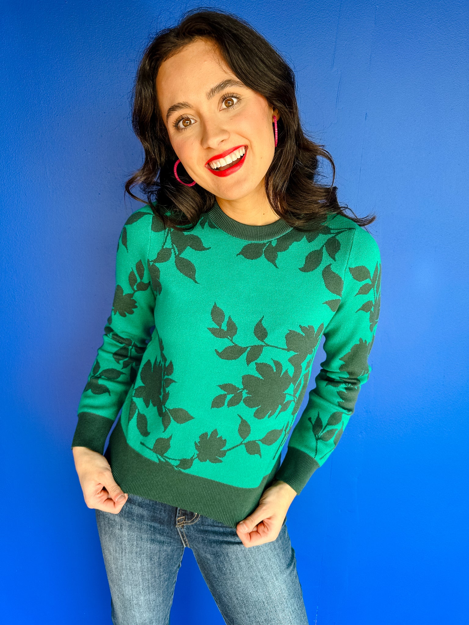 Cleo Floral Sweater - Emerald + Dark Pine