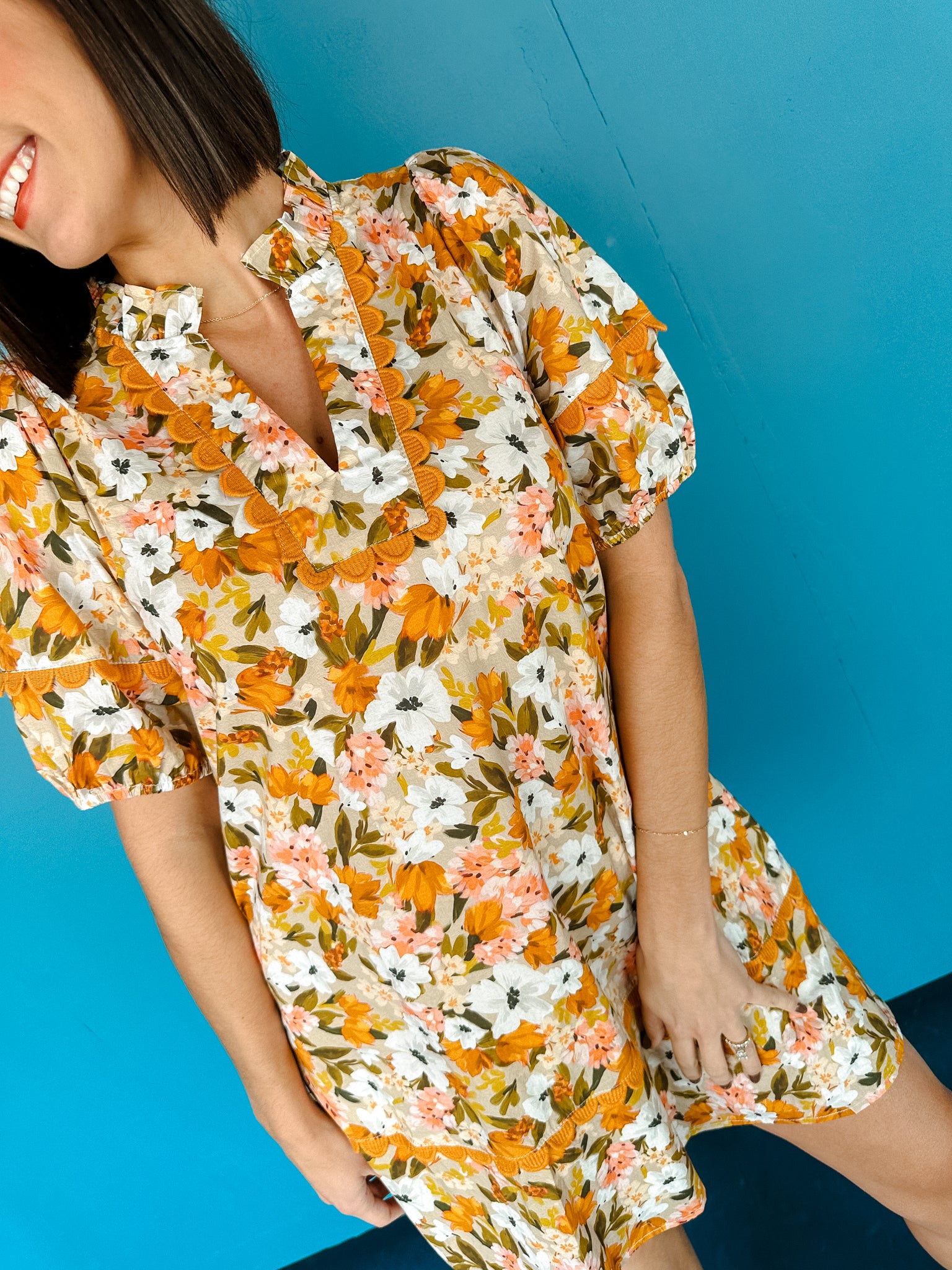 Joplin Floral Mini Dress - Amber + Beige + Moss + Mustard