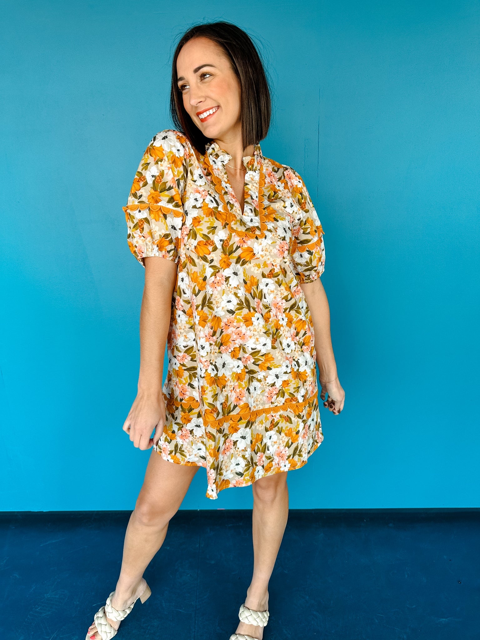 Joplin Floral Mini Dress - Amber + Beige + Moss + Mustard