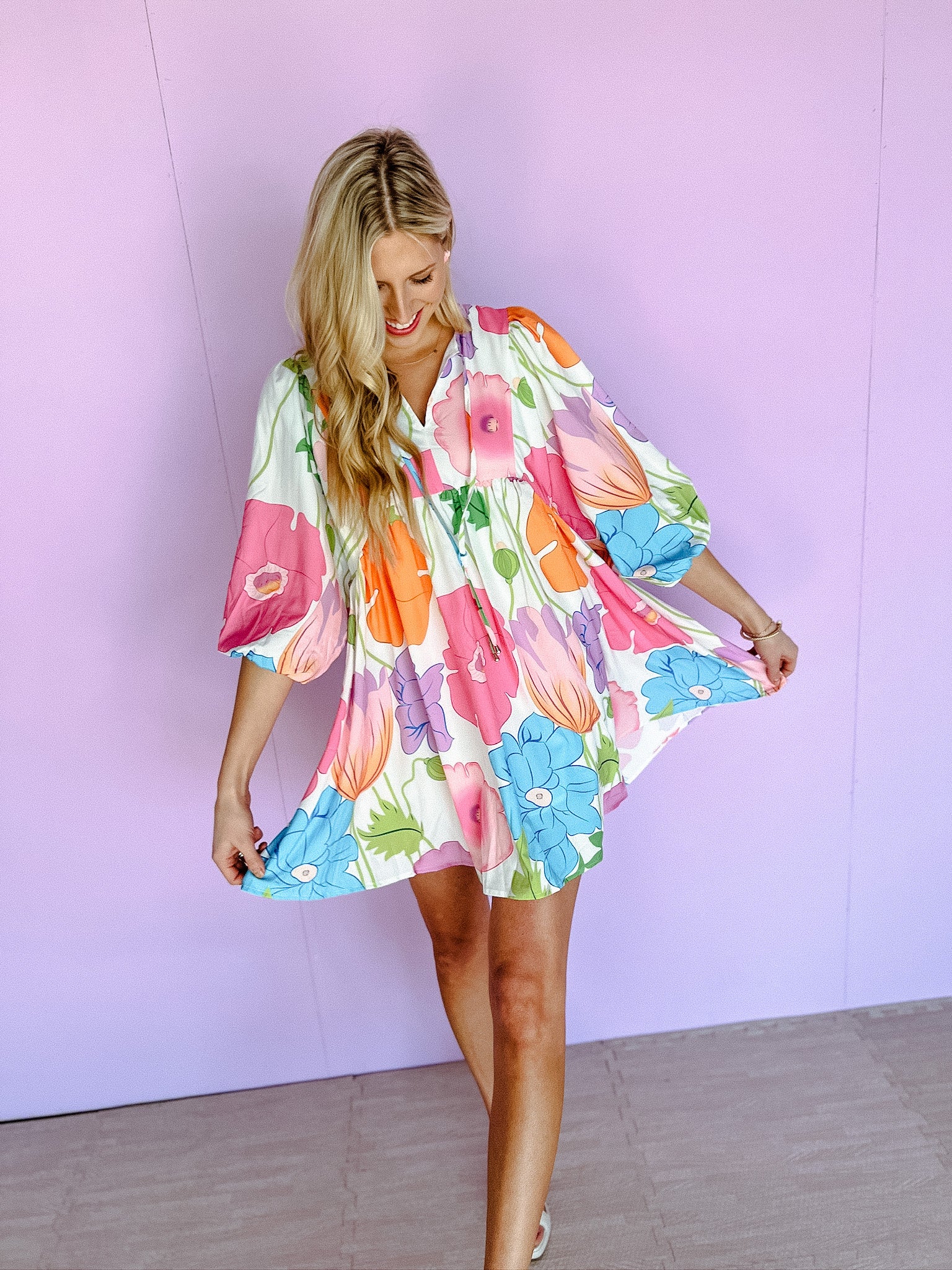 Belle Floral Mini Dress - Shocking Pink + Kerry Green + Soft White/Ivory