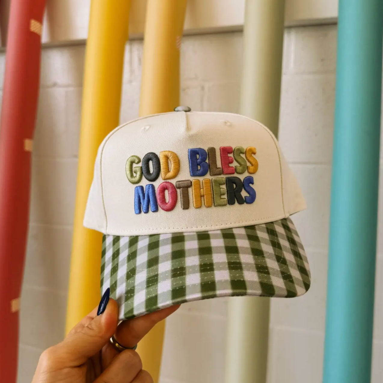 God Bless Mothers Trucker Hat - Green Gingham