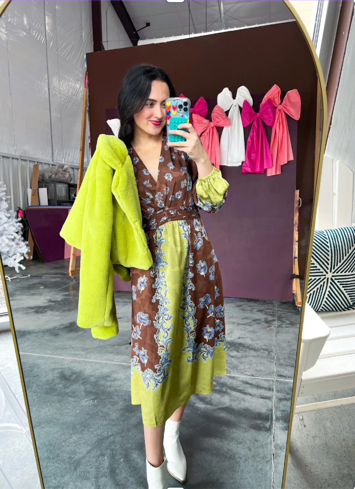 Audrey V-Neck Midi Dress - Dark Brown + Lime