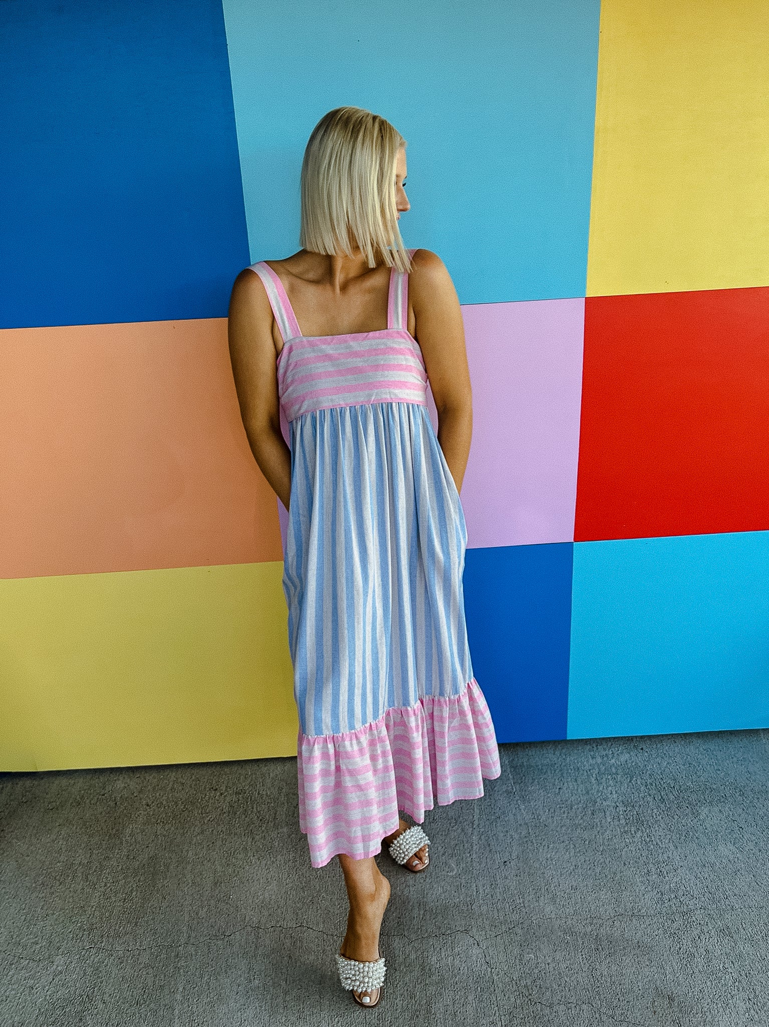 Desaray Tie Back Midi Dress - Powder Blue + Light Pink
