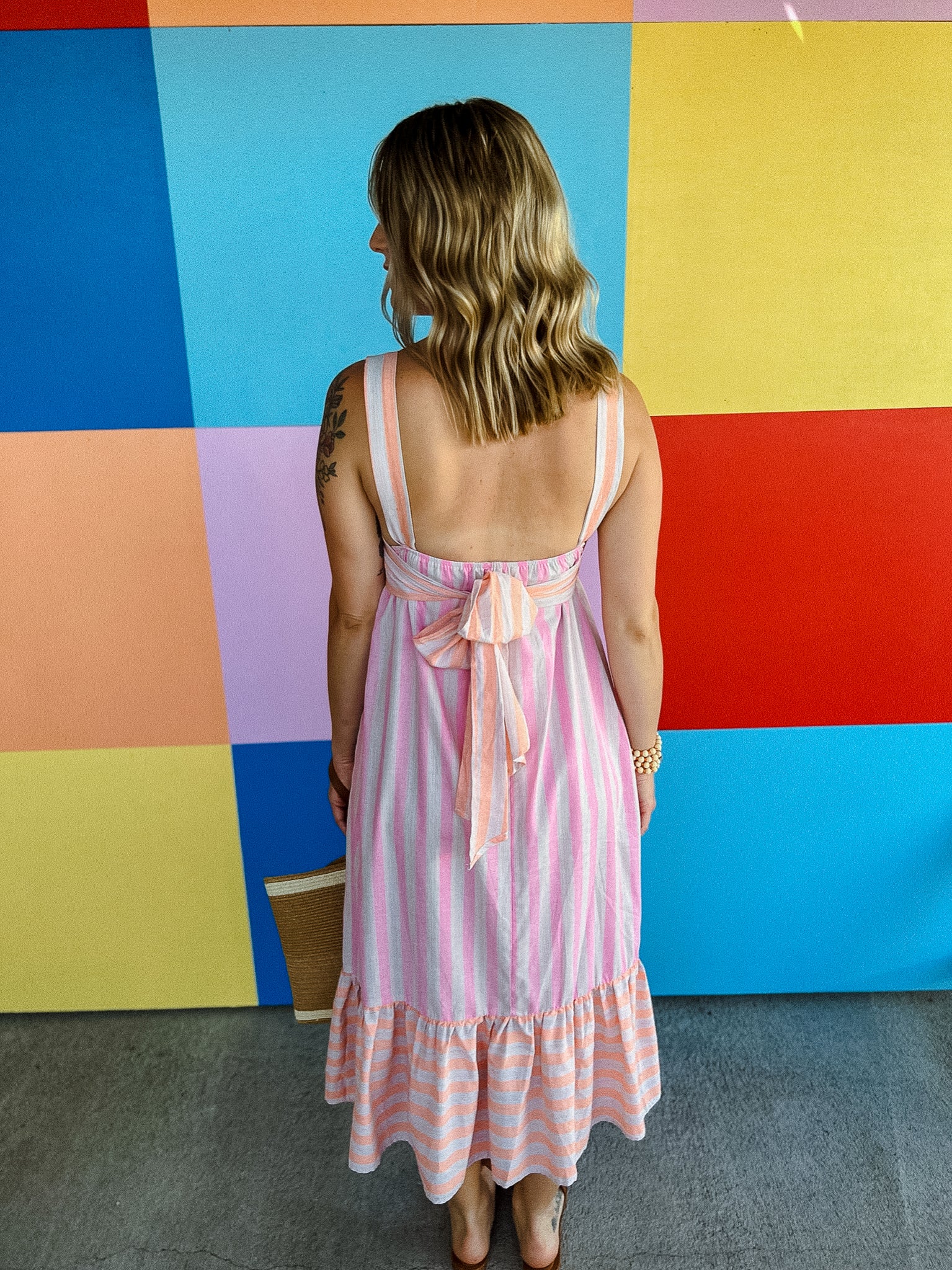 Desaray Tie Back Midi Dress - Tangerine + Beige + Pink