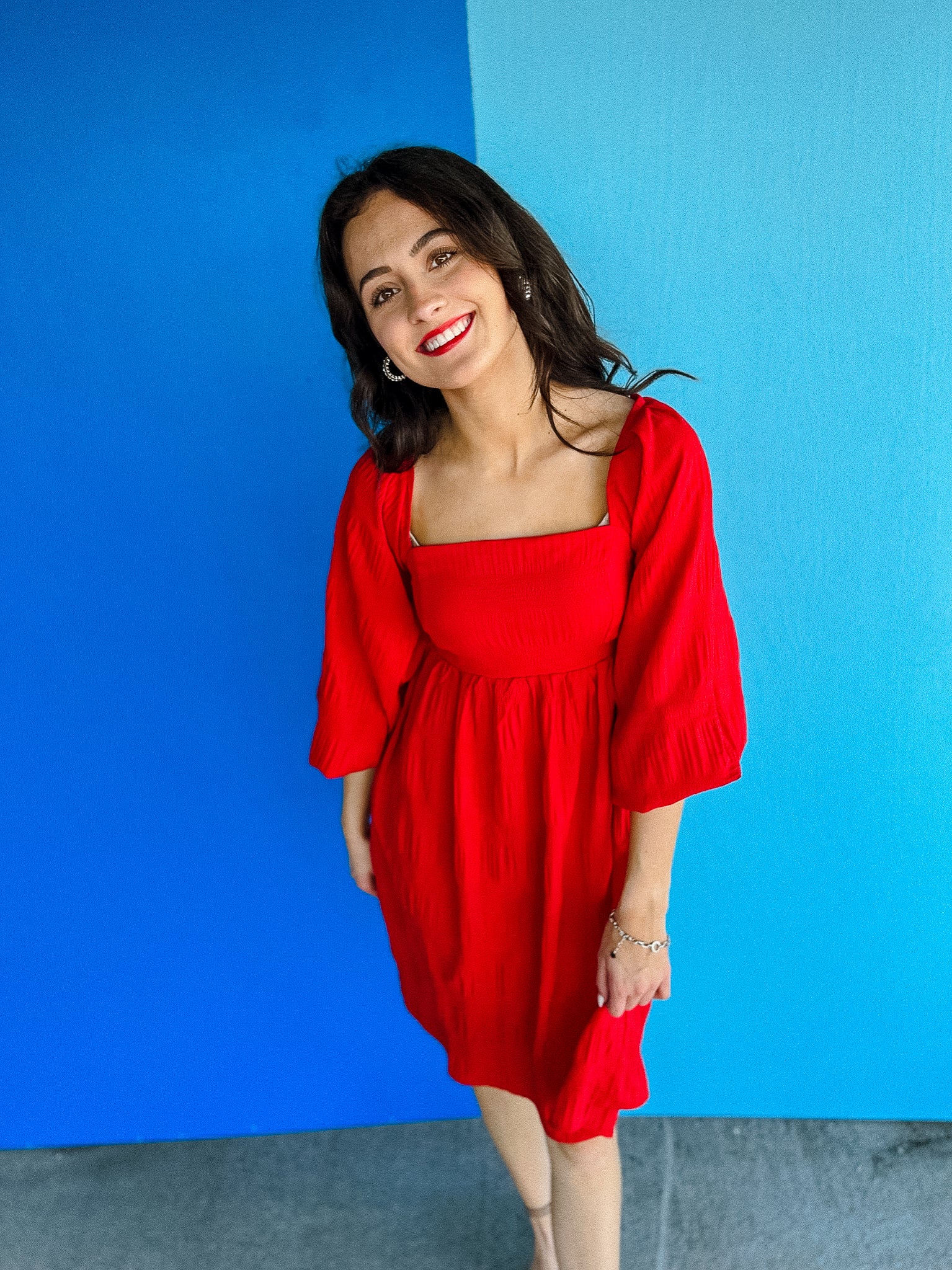 Lorelei Puff Sleeve Midi Dress - Cool Red