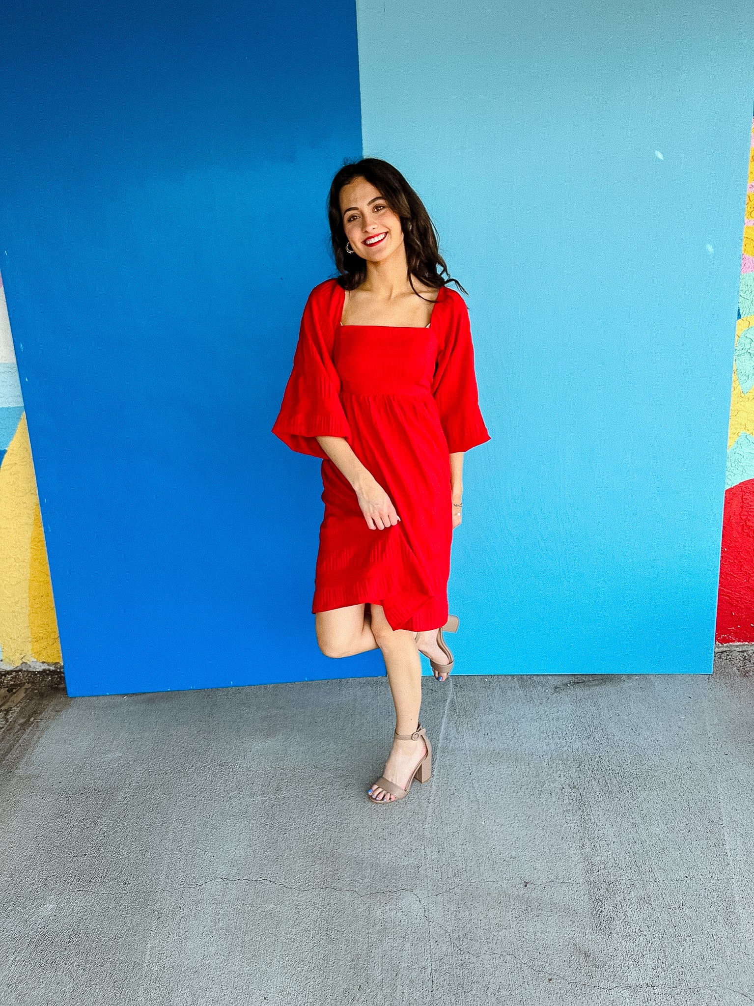 Lorelei Puff Sleeve Midi Dress - Cool Red
