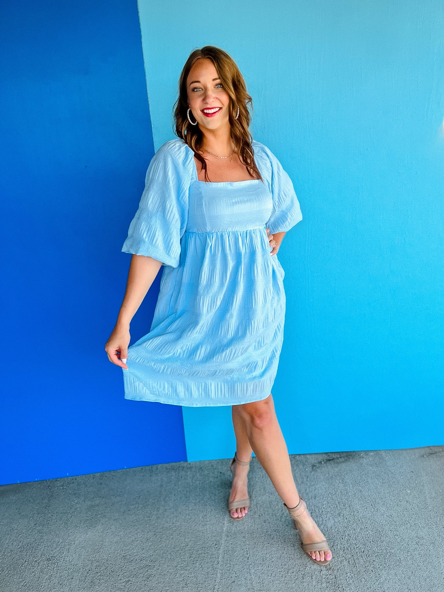 Lorelei Puff Sleeve Midi Dress - Powder Blue