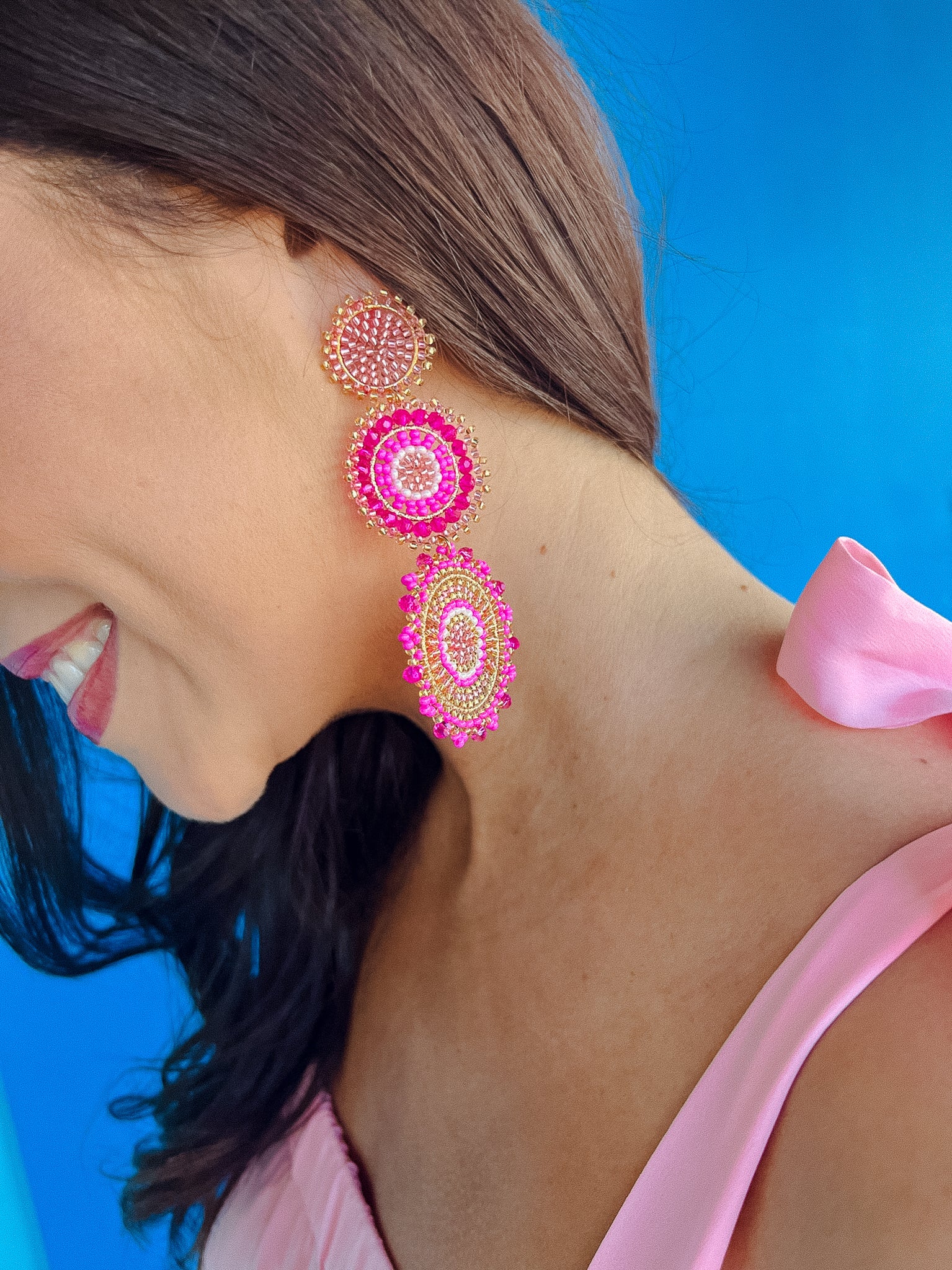 [Treasure Jewels] Around the World Beaded Circle Earrings - Fushia + Magenta + Cool Pink