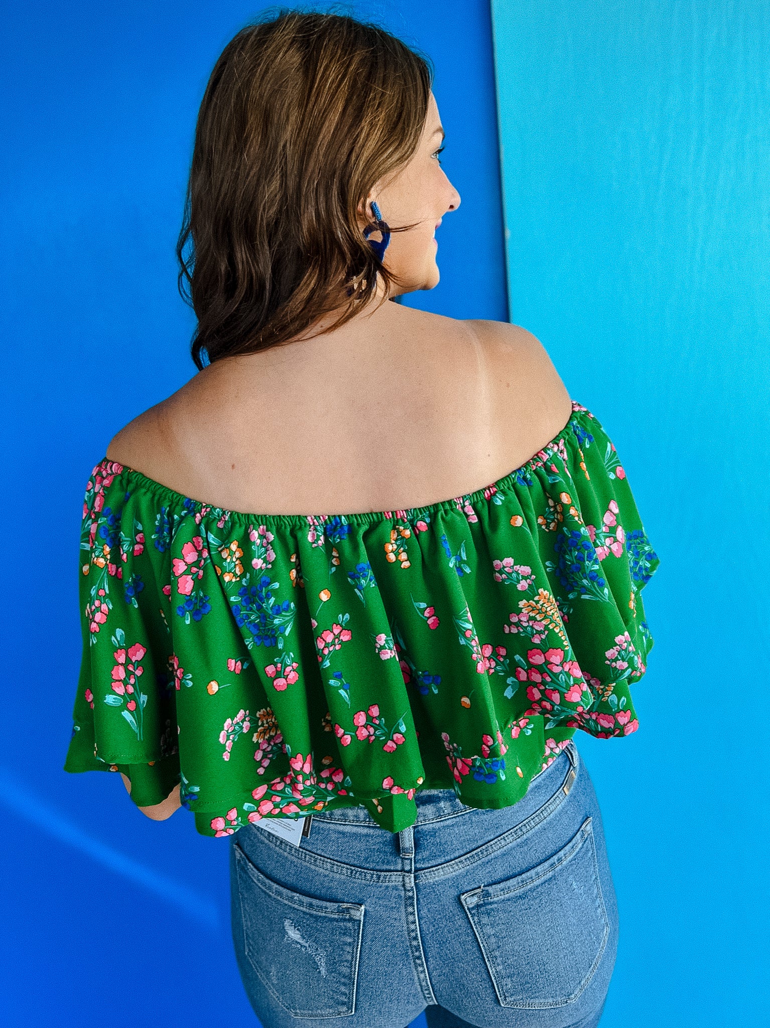 Be Happy Floral One-Shoulder Top - Leaf Green + Bright Navy + Flamingo Pink + Shocking Pink + Peach