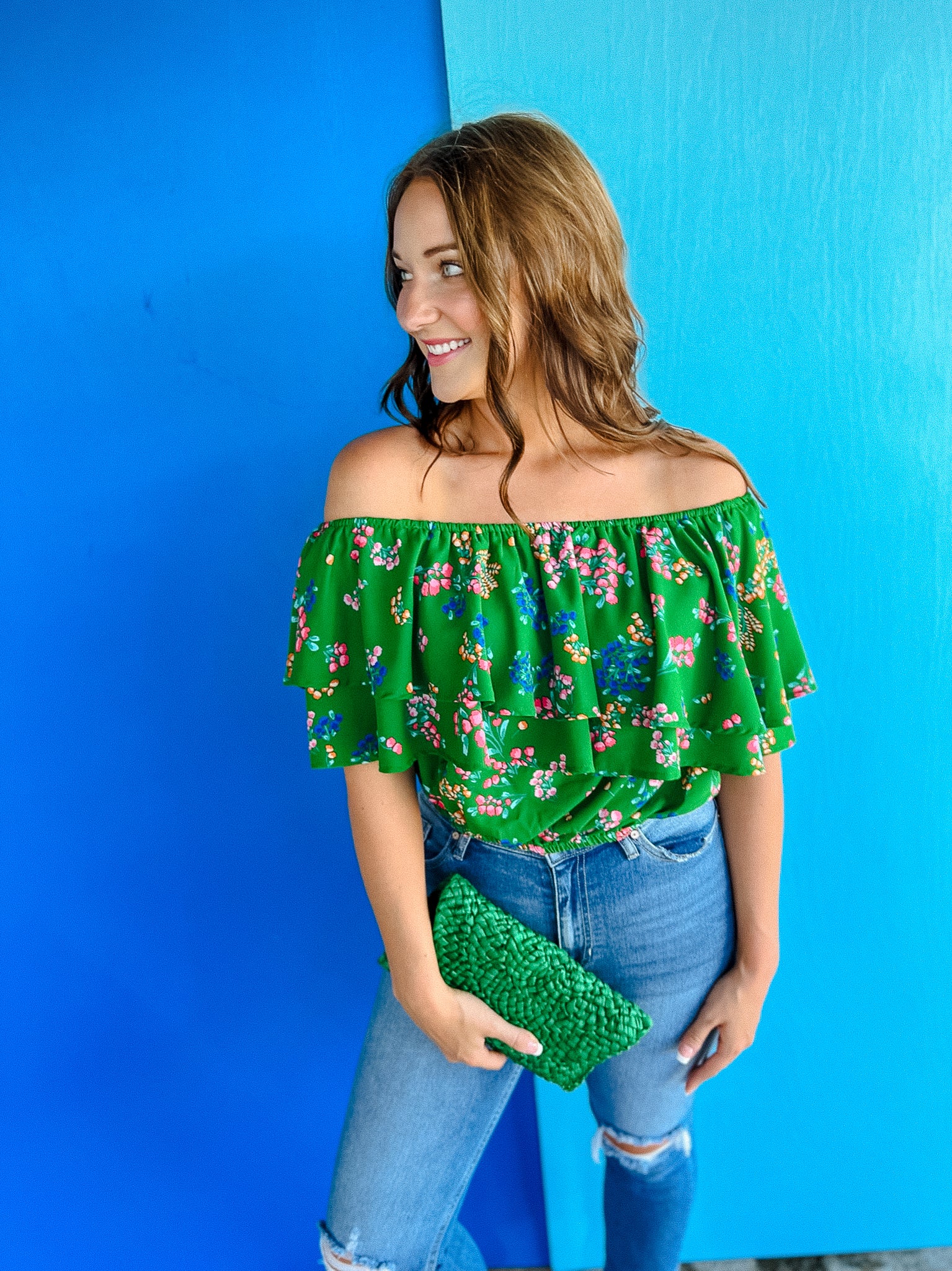 Be Happy Floral One-Shoulder Top - Leaf Green + Bright Navy + Flamingo Pink + Shocking Pink + Peach