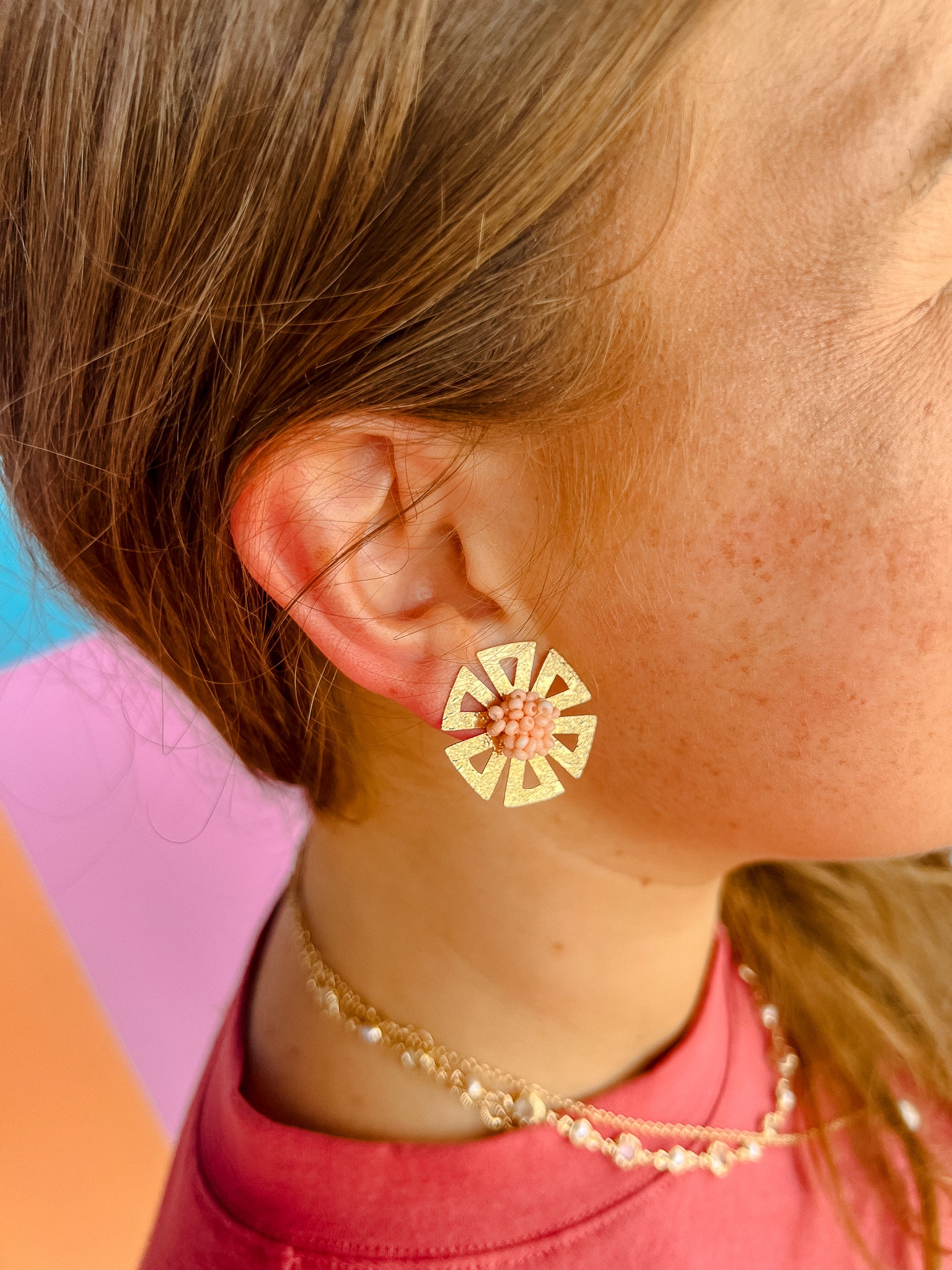 [Treasure Jewels] Marigold Rhinestone Flower Earrings - Geranium + Gold