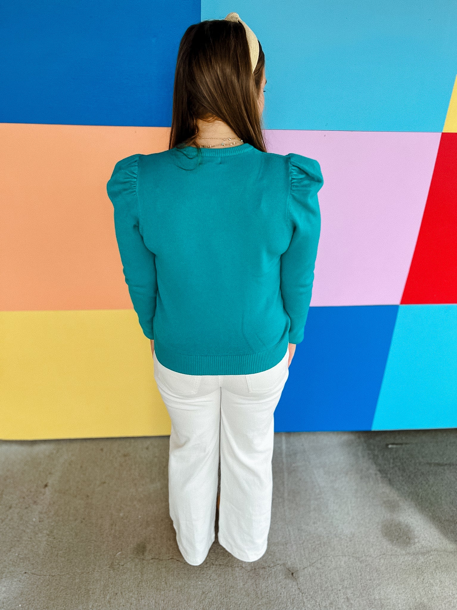 So Delightful Puff Sleeve Sweater - Bright Turquoise