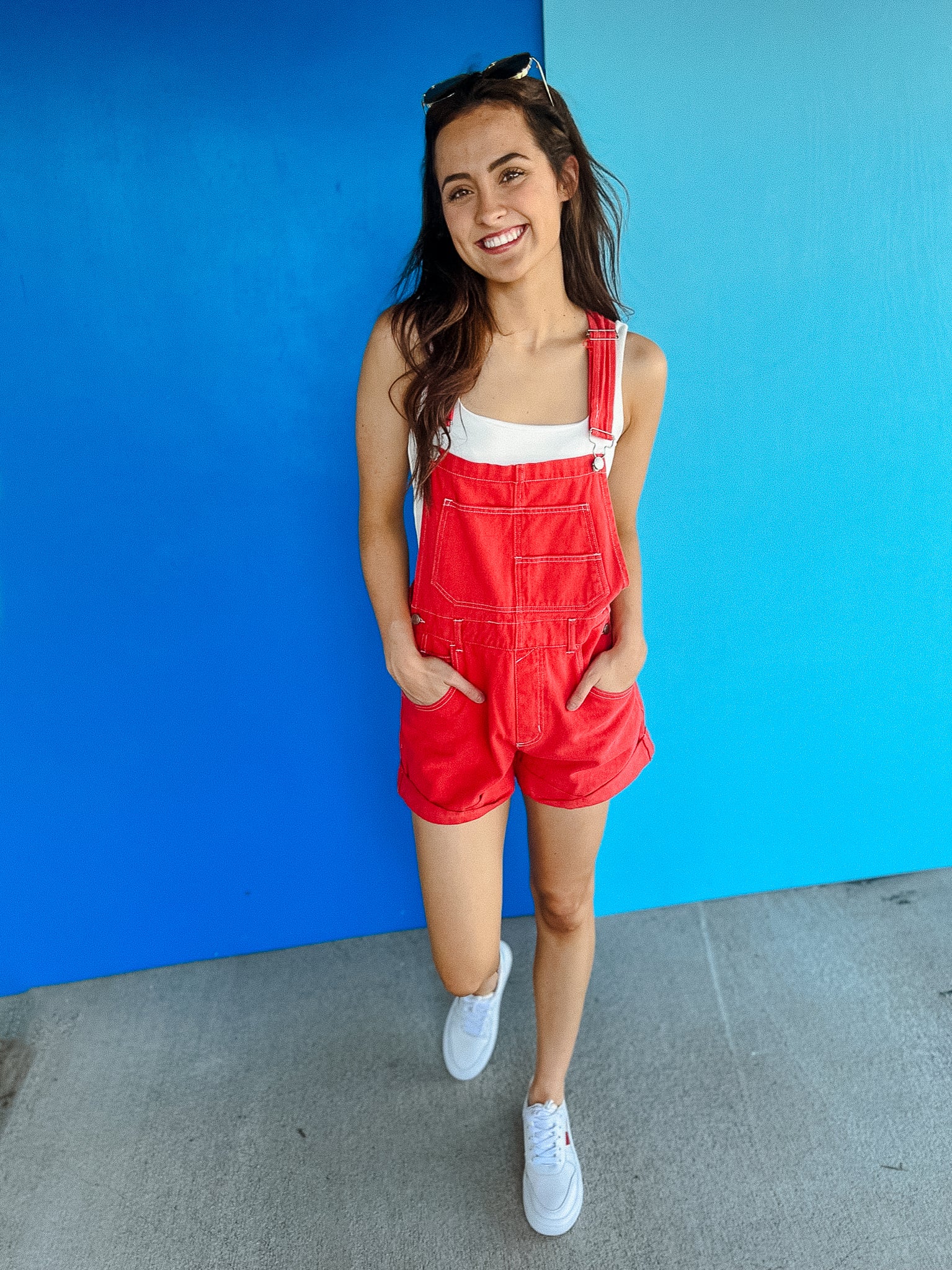 Micky Denim Overall Romper  - Faded Cool Red