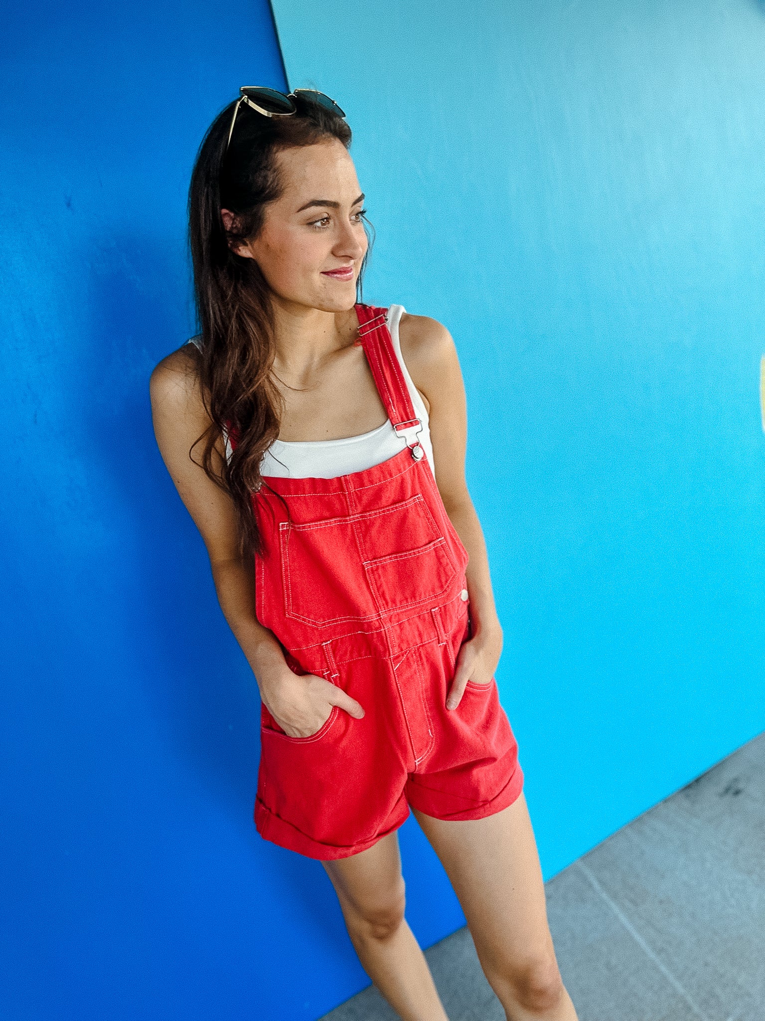 Micky Denim Overall Romper  - Faded Cool Red