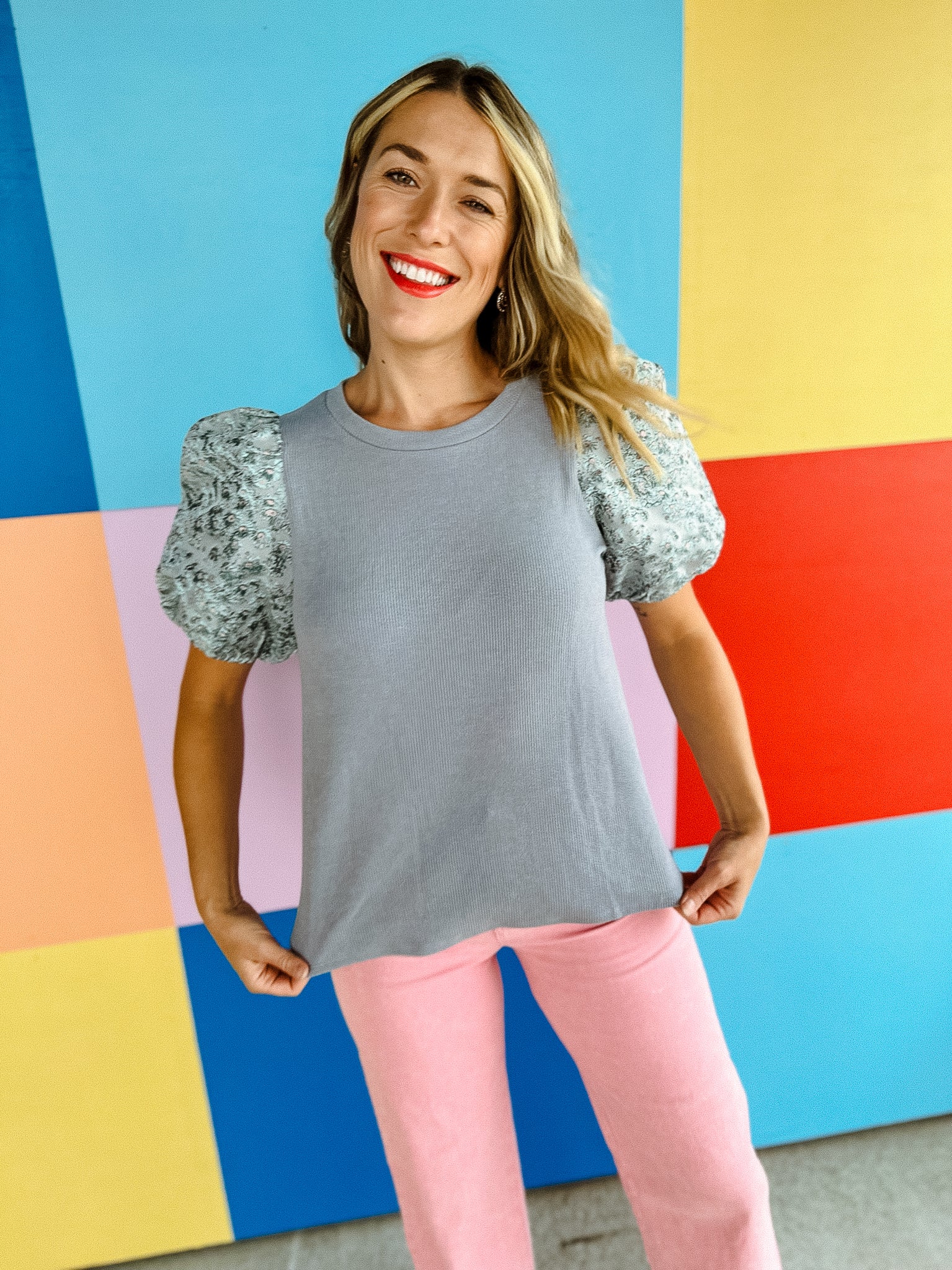 Evelyn Contrast Sleeve Top - Blue Grey + Dusty Pink + Duck Egg