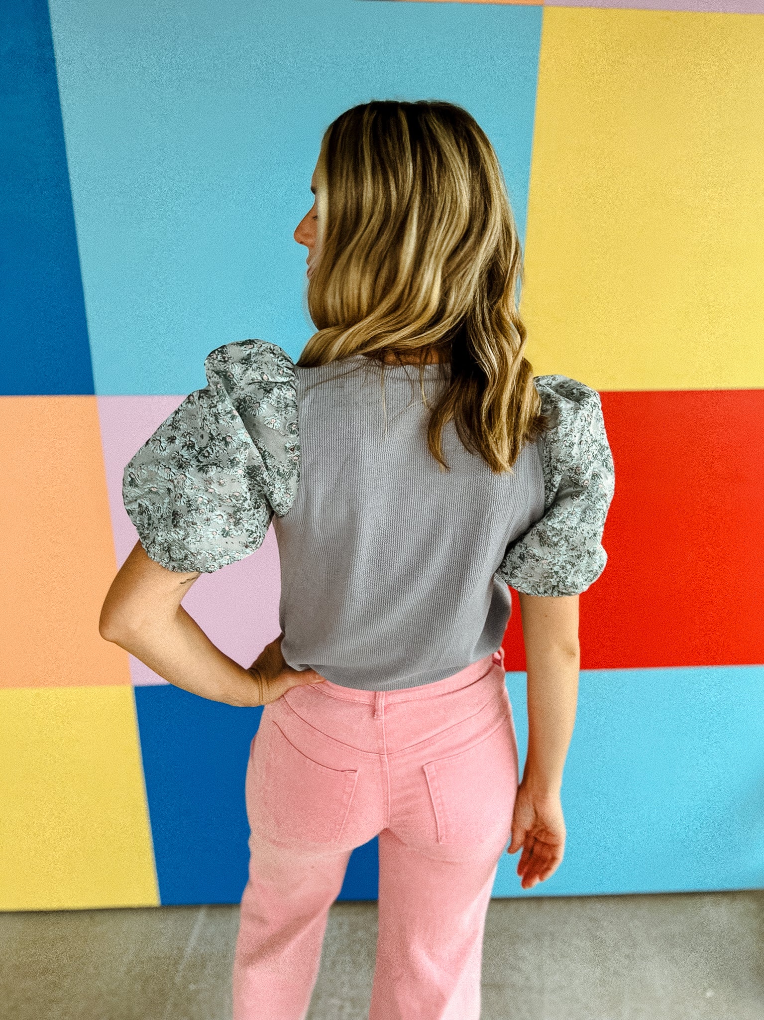 Evelyn Contrast Sleeve Top - Blue Grey + Dusty Pink + Duck Egg