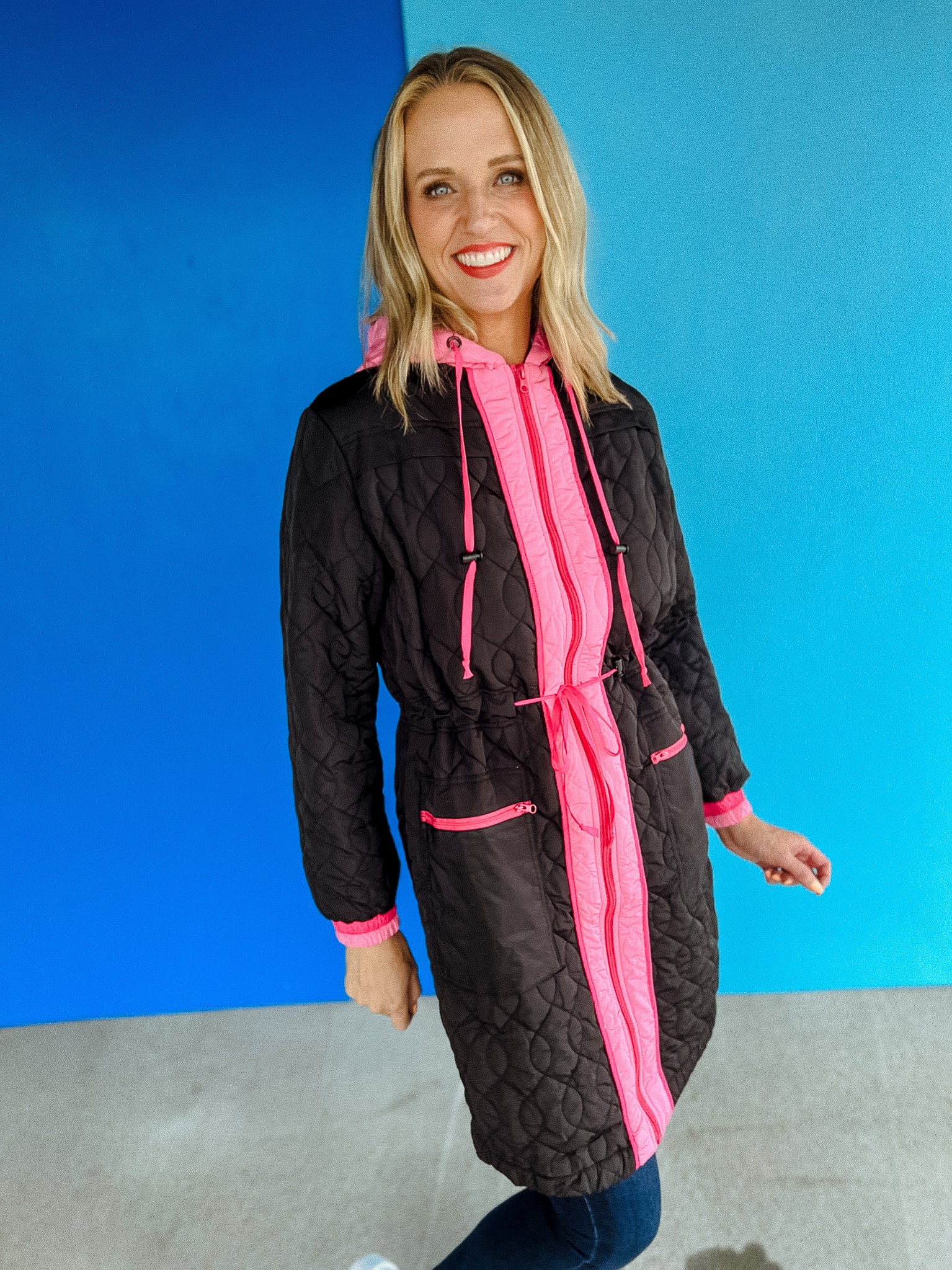 Malcolm Quilted Coat - Black + Hot Pink