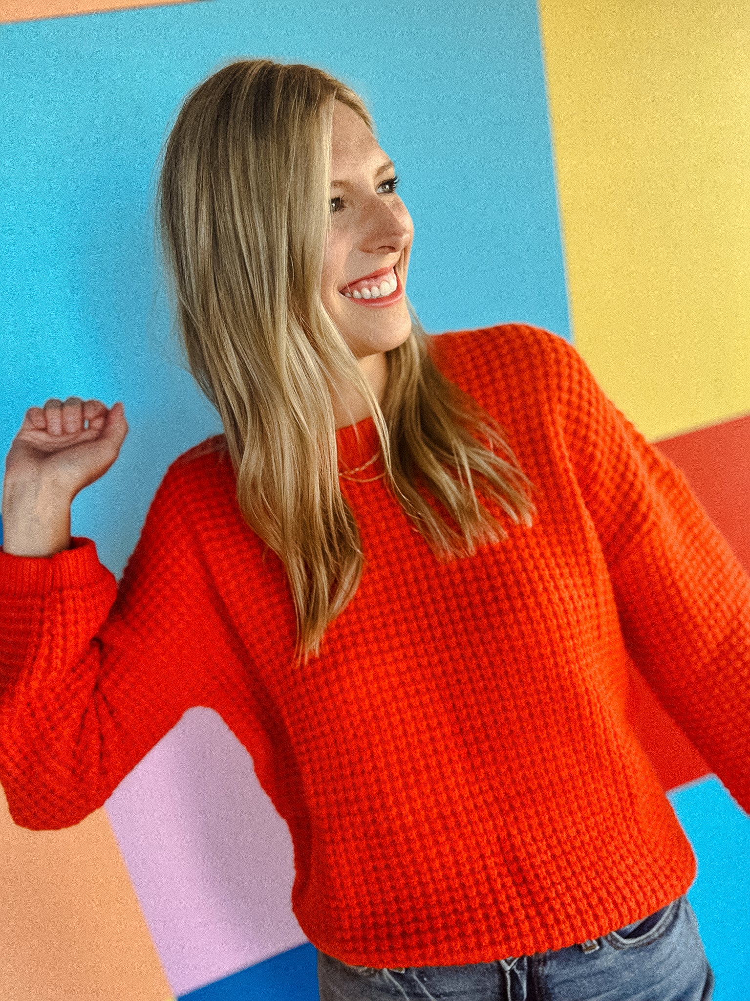 Anika Waffled Crop Sweater - Orange