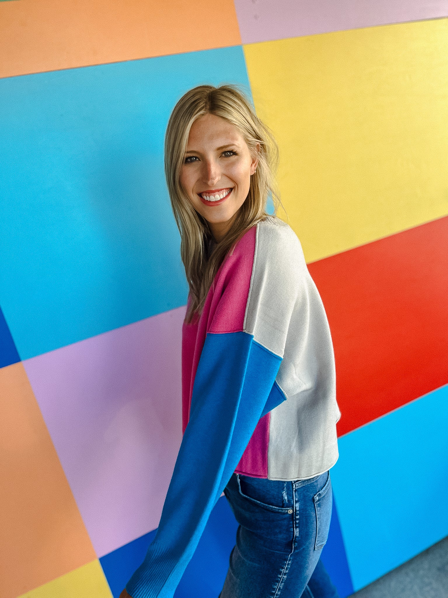 Nell Colorblock Sweater - Shocking Pink + Dove Grey + Turquoise
