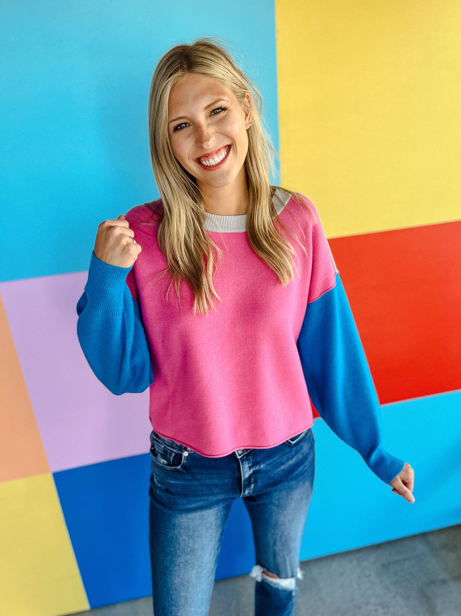 Nell Colorblock Sweater - Shocking Pink + Dove Grey + Turquoise