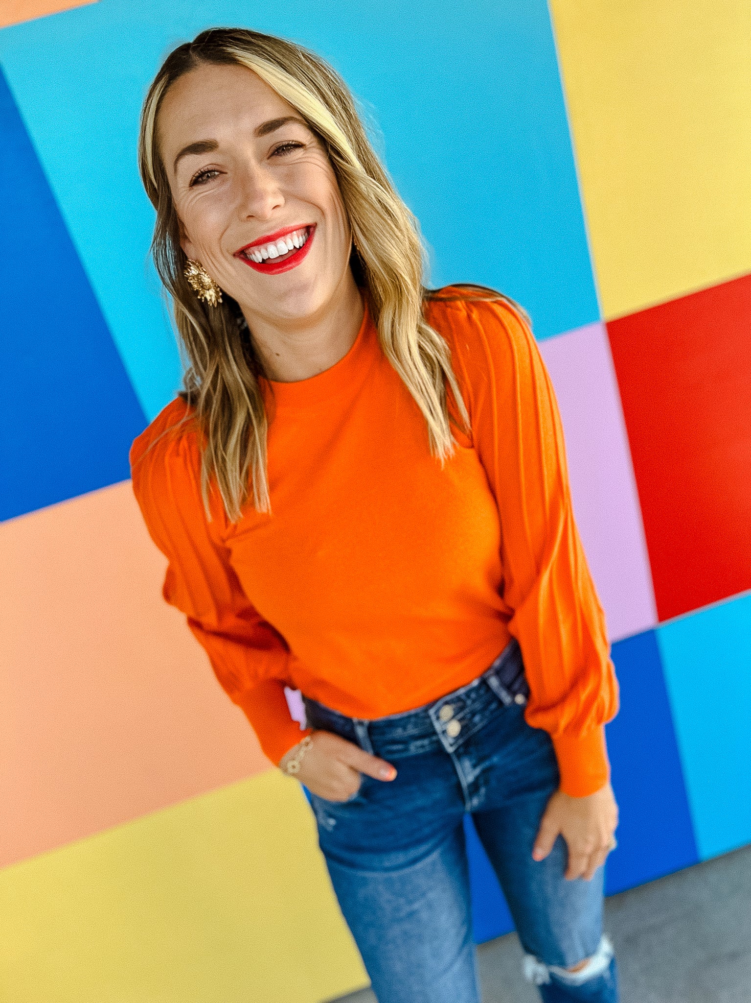 Brielle Pleated Sleeve Sweater - Orange