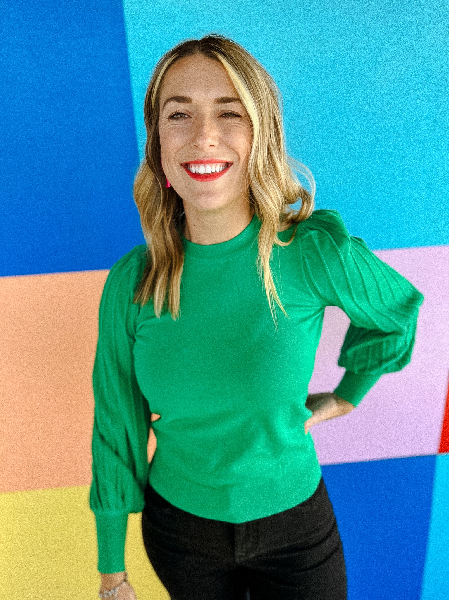 Brielle Pleated Sleeve Sweater - Light Emerald