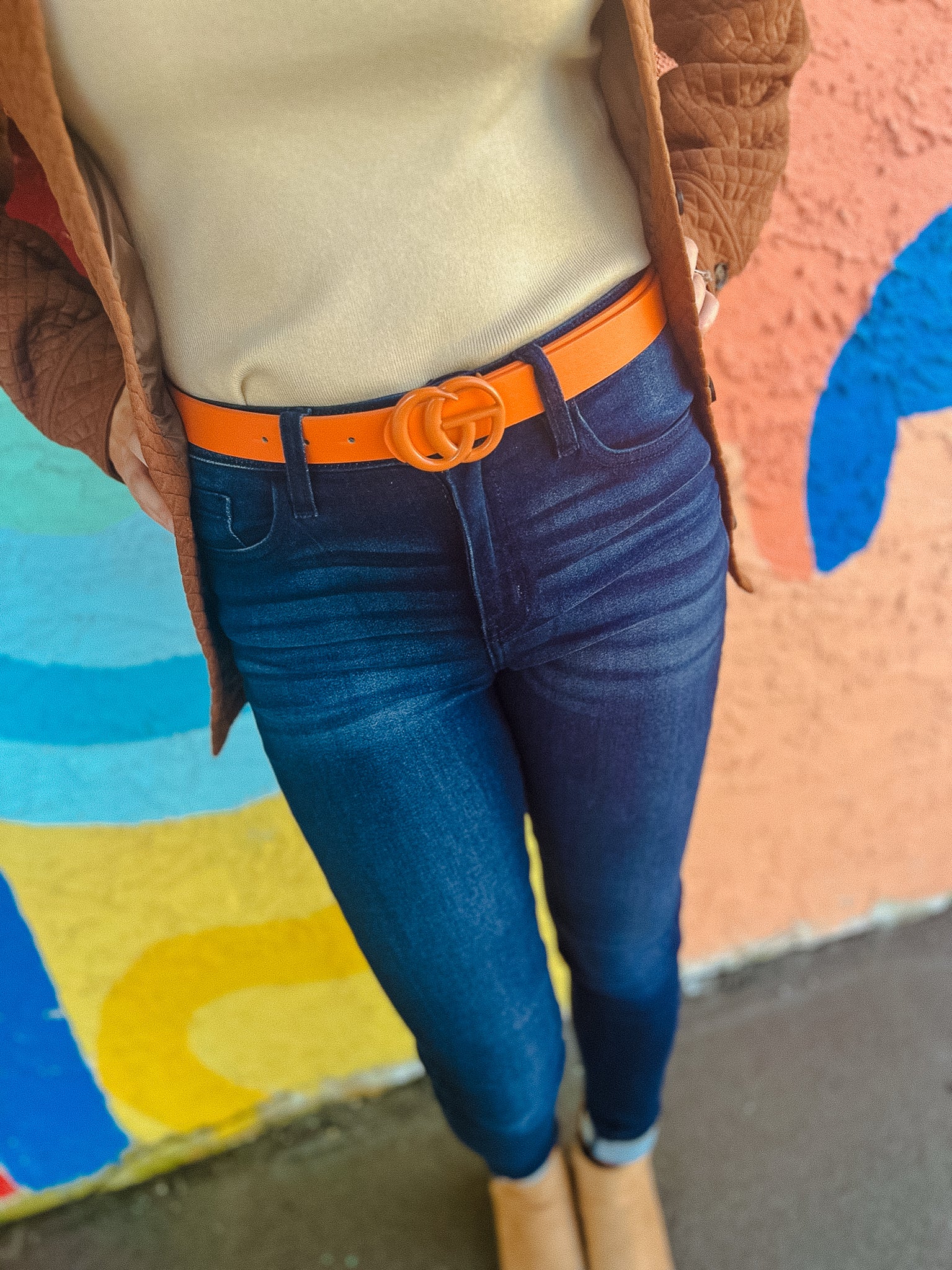 Linked Up Faux Leather Belt - Orange