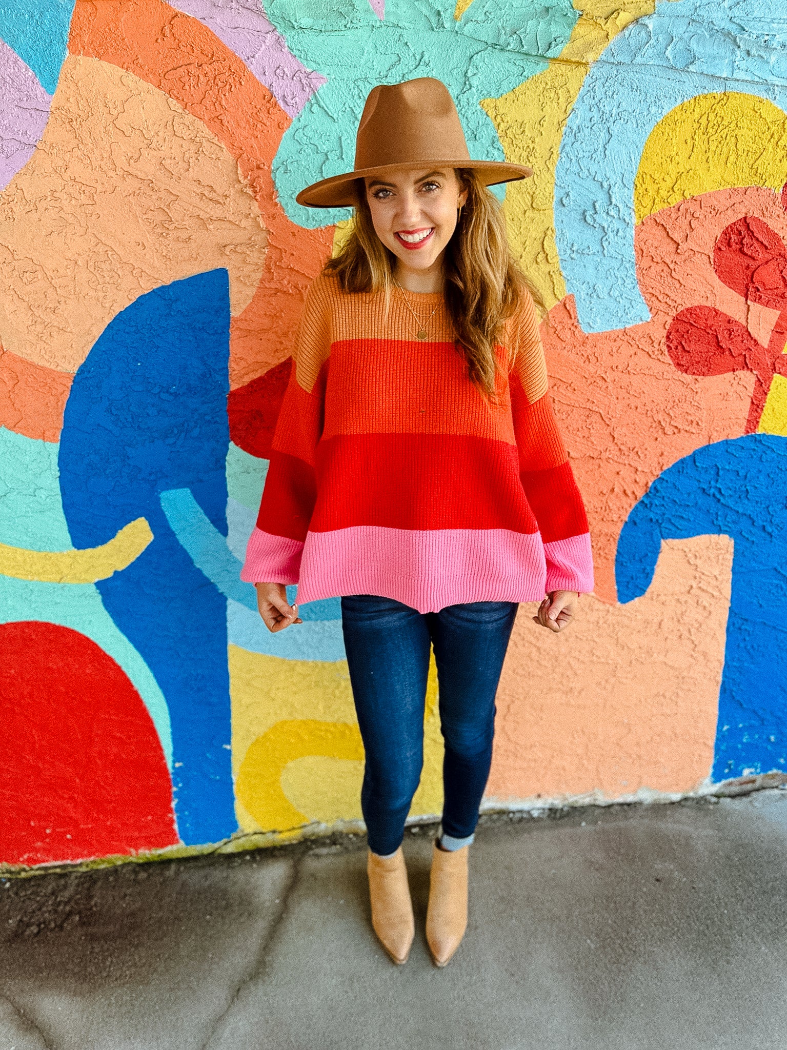 Mary Claire Striped Knit Sweater - Coral + Poppy + Bright Geranium Pink + Light Cinnamon