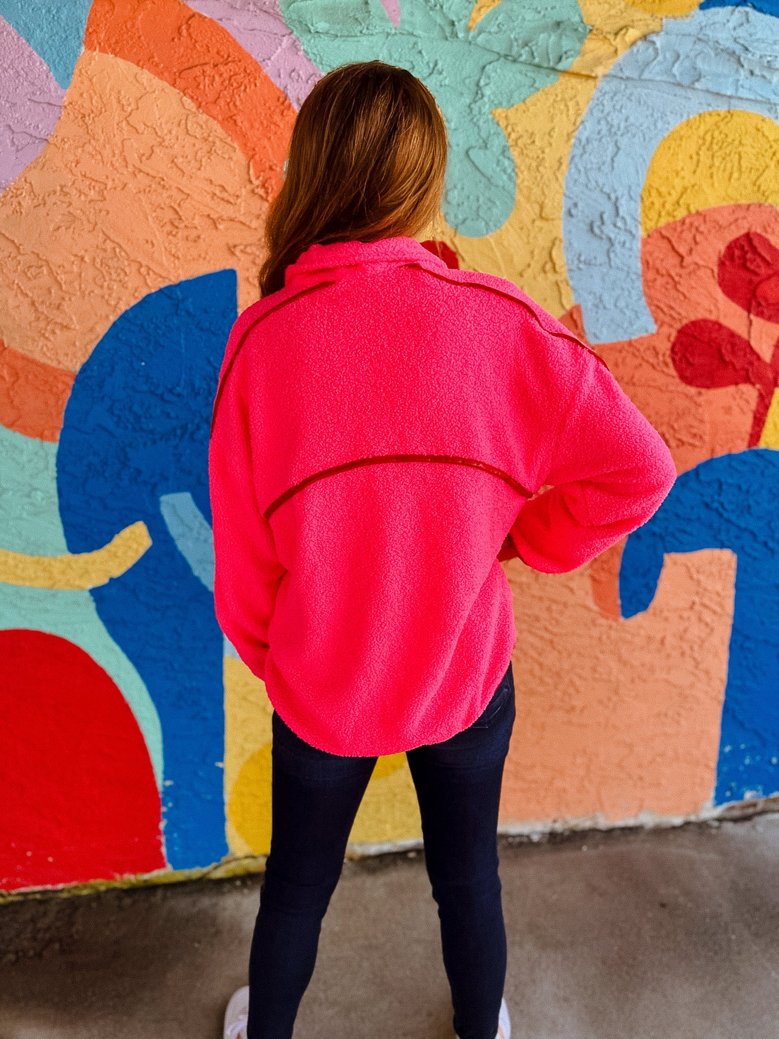 Khloe Quarter Zip Pullover - Neon Pink + Scarlet